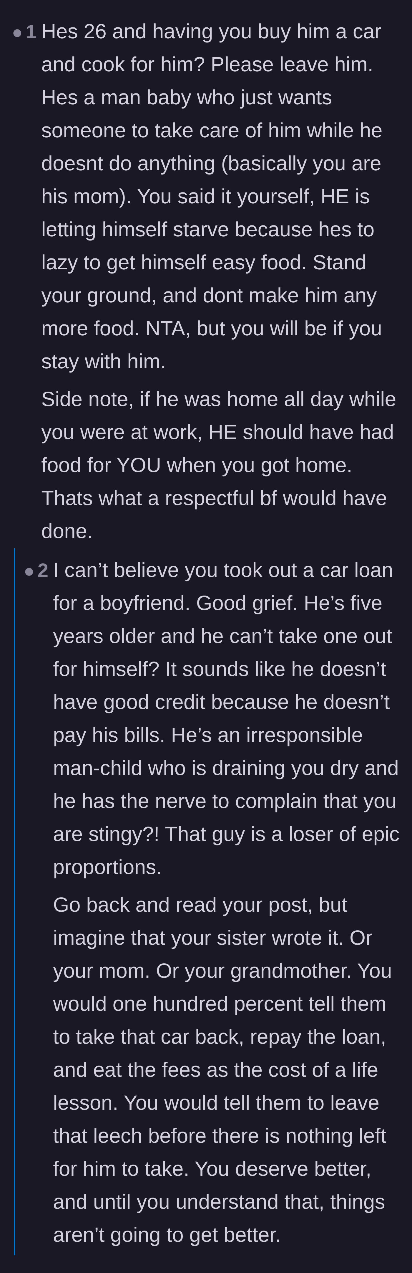 Comment thread 6 - A deep dive into the misogynistic expectation that cooking is a guaranteed girlfriend utility, regardless of employment status.