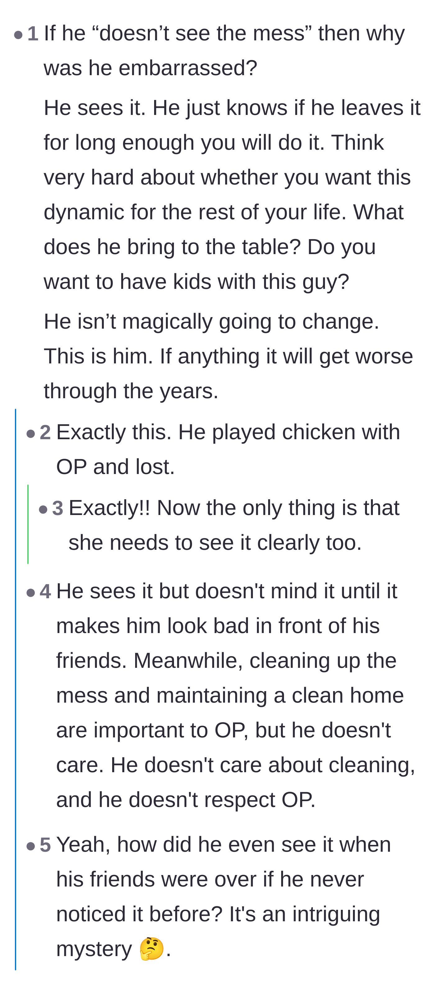 Comment thread 2 - Highlighting how embarrassment proves he sees the mess and warning about future red flags