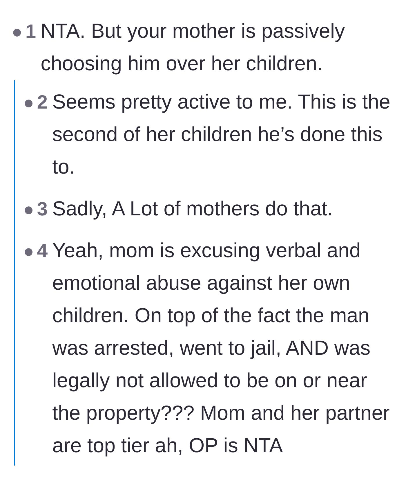 Comment thread 1 - A debate over whether the mother is a passive enabler or intentionally allowing the hostility to push her unemployed daughter out.