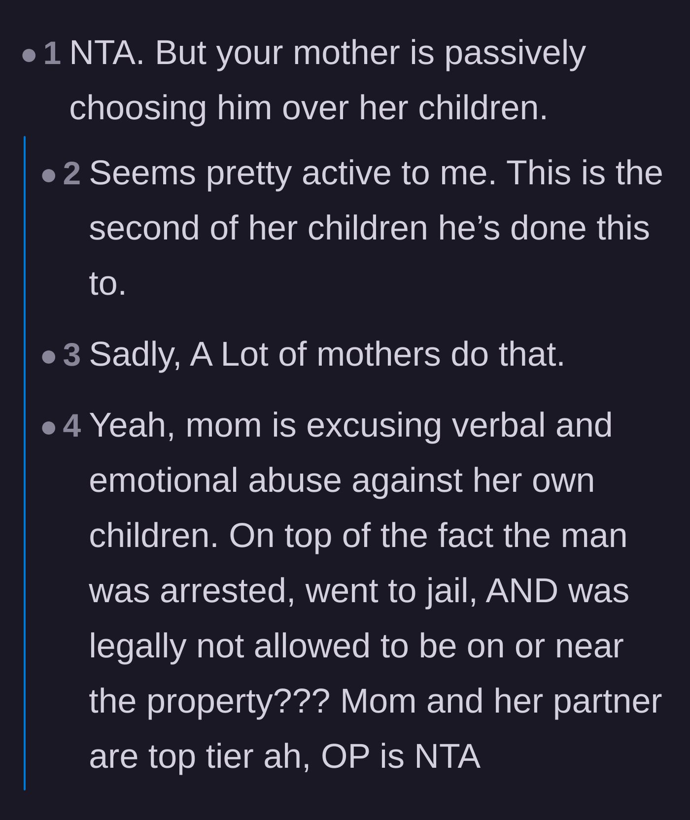 Comment thread 1 - A debate over whether the mother is a passive enabler or intentionally allowing the hostility to push her unemployed daughter out.