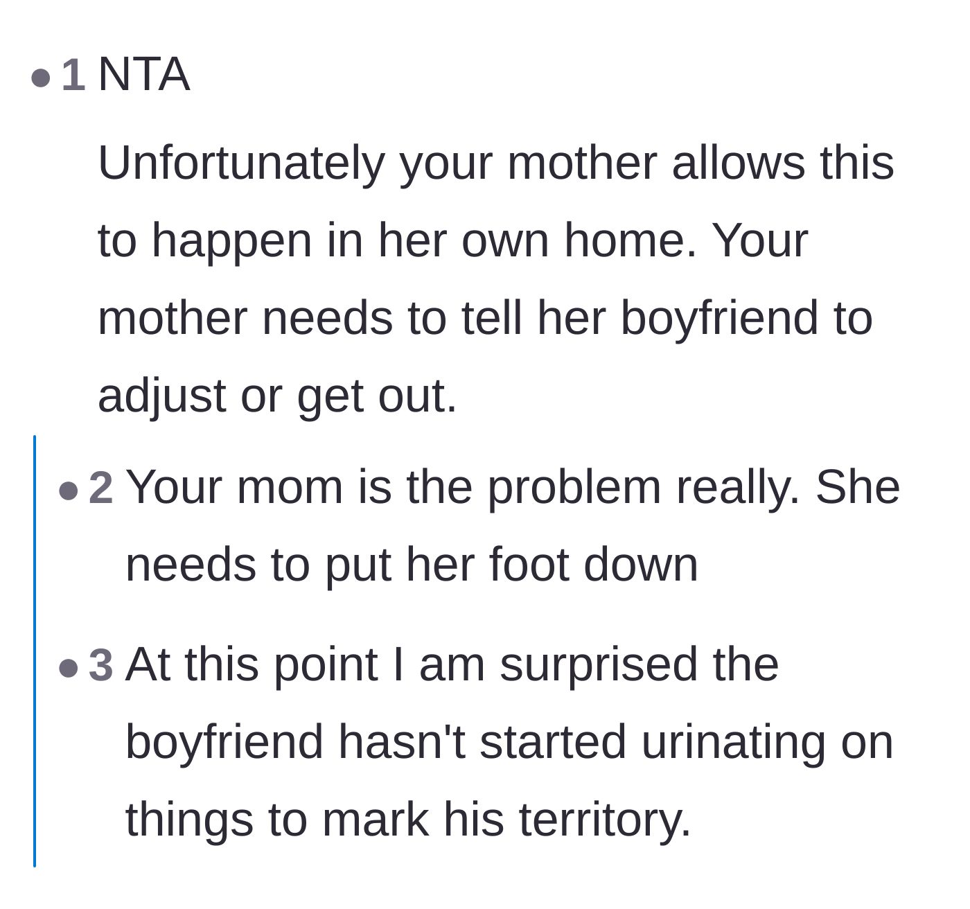 Comment thread 2 - Commenters blaming the mother for not setting boundaries and mocking the stepdad for acting like an animal marking its territory.
