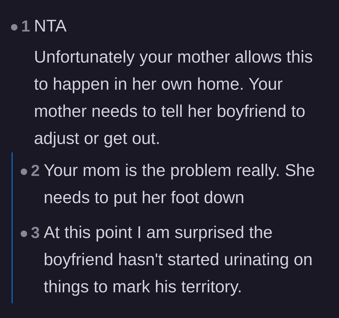 Comment thread 2 - Commenters blaming the mother for not setting boundaries and mocking the stepdad for acting like an animal marking its territory.