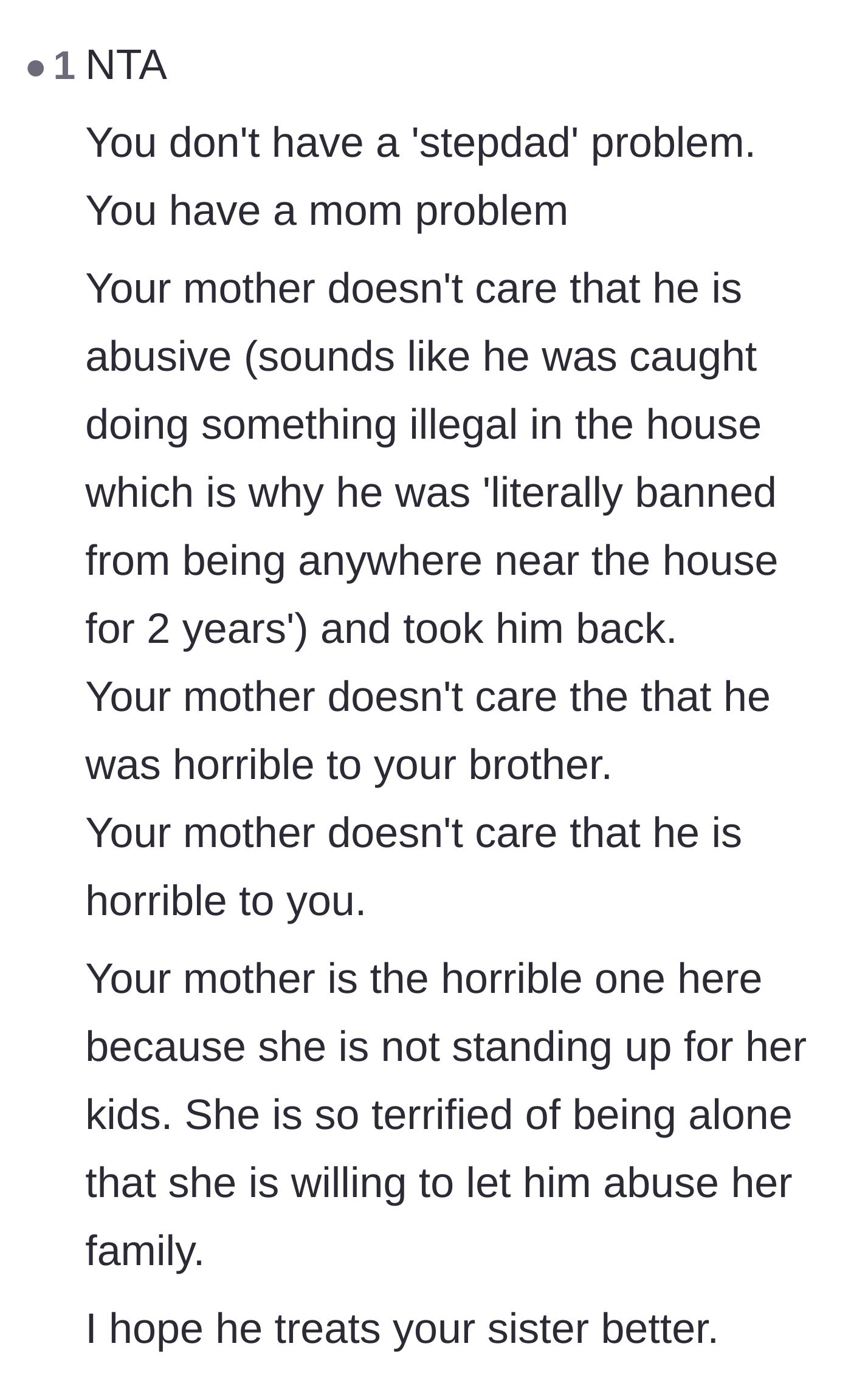 Comment thread 4 - A harsh critique stating the main character has a mother problem, not a stepdad problem, because the mother prioritizes a toxic partner over her children.