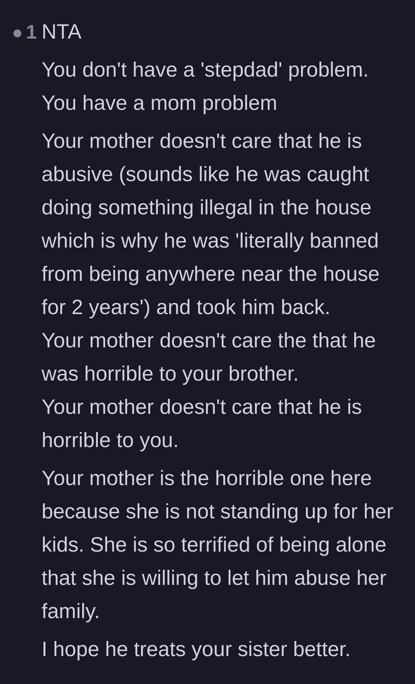 Comment thread 4 - A harsh critique stating the main character has a mother problem, not a stepdad problem, because the mother prioritizes a toxic partner over her children.