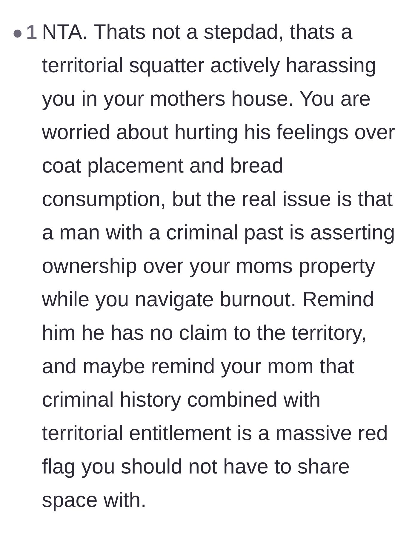 Comment thread 5 - A comment labeling the stepdad as a territorial squatter and emphasizing the massive red flag of his criminal history.