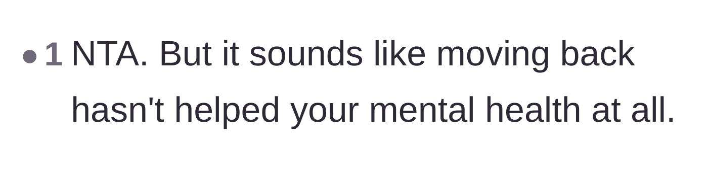 Comment thread 6 - A sympathetic comment noting that living in this toxic environment is defeating the entire purpose of the main character's mental health break.