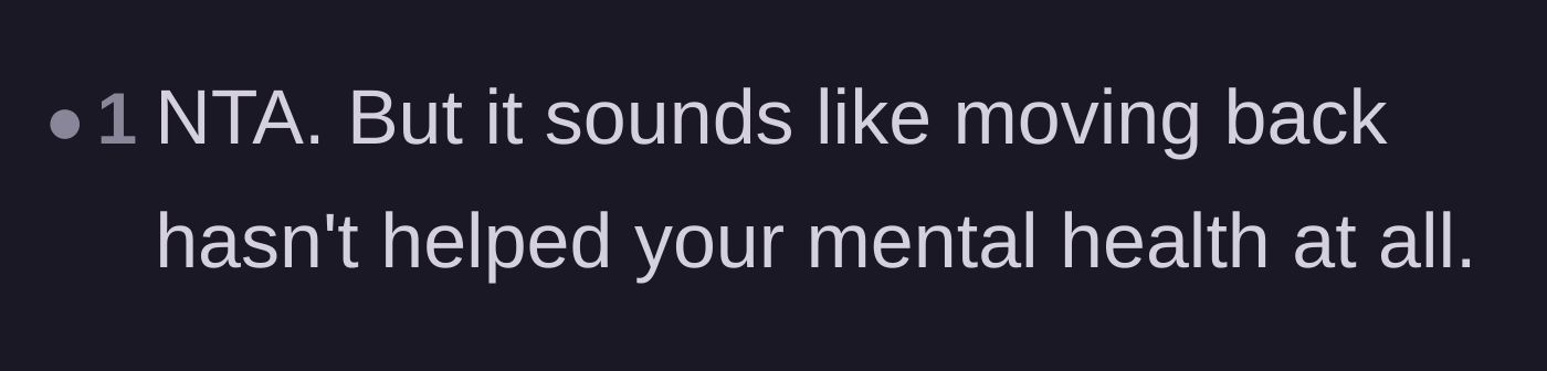 Comment thread 6 - A sympathetic comment noting that living in this toxic environment is defeating the entire purpose of the main character's mental health break.