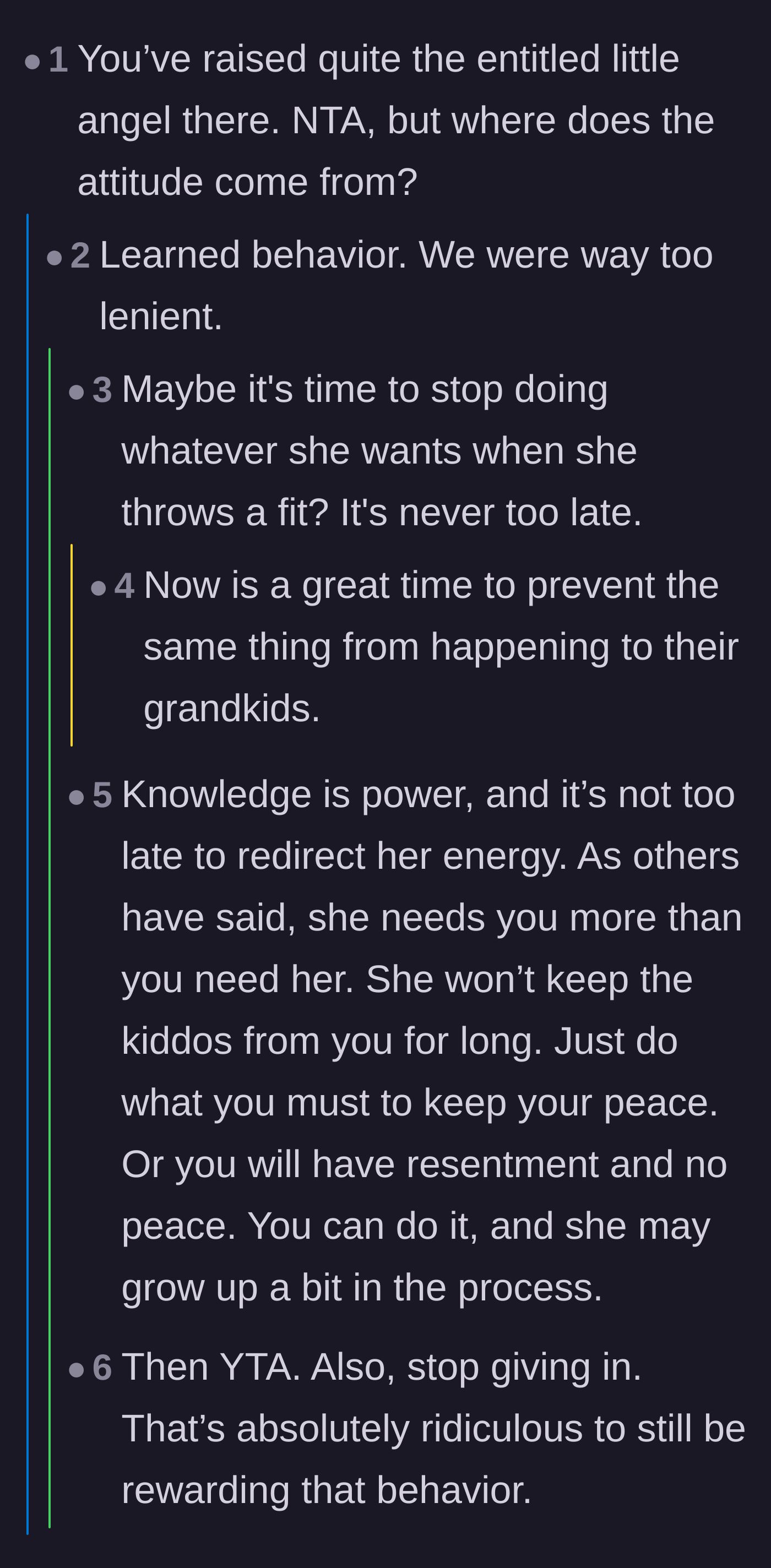 Comment thread 2 - A discussion on how the daughter's entitlement is learned behavior from years of lenient parenting.