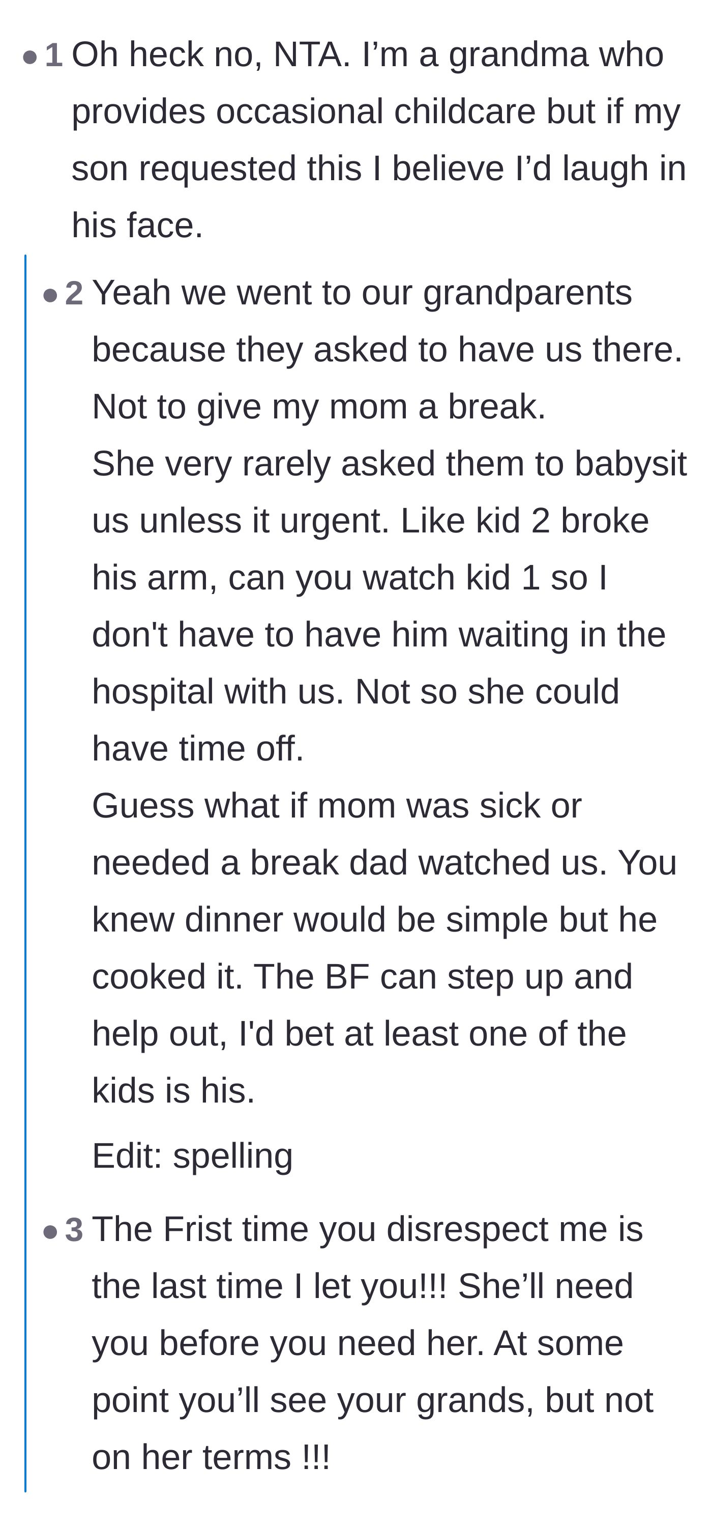 Comment thread 5 - Another grandmother sharing that she would never accept demands for weeks of free babysitting from her own kids.