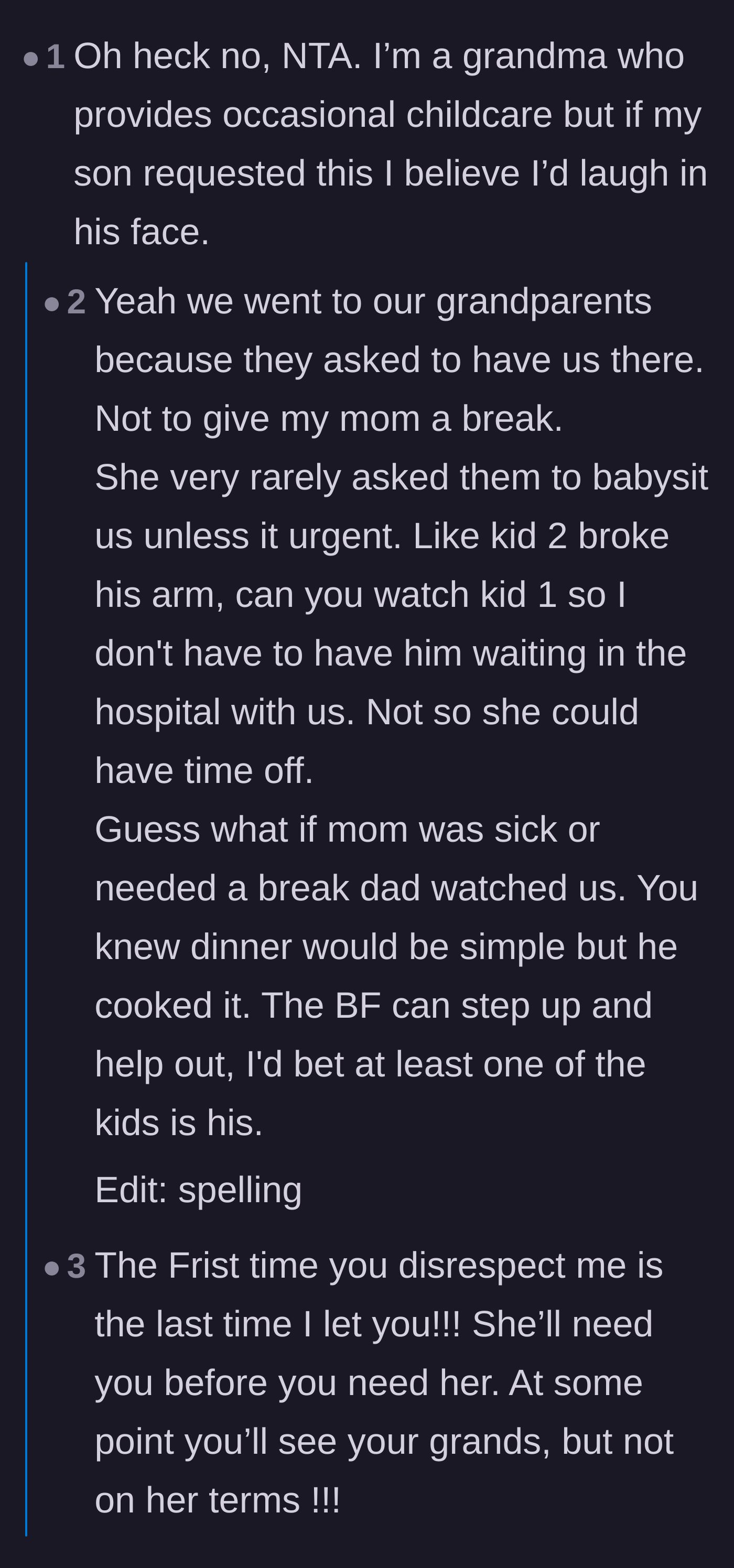 Comment thread 5 - Another grandmother sharing that she would never accept demands for weeks of free babysitting from her own kids.