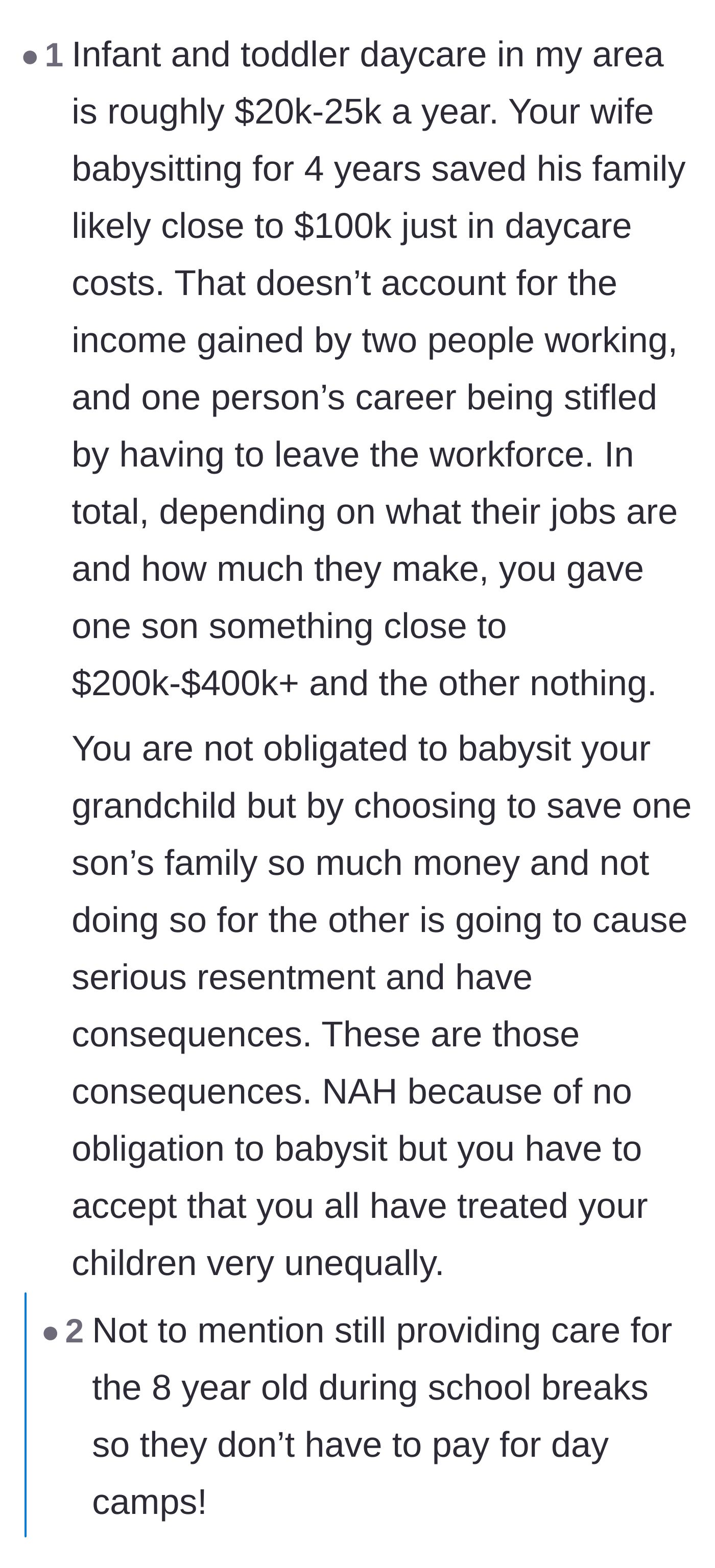 Comment thread 2 - A discussion breaking down the hundreds of thousands of dollars in free childcare the older brother received.