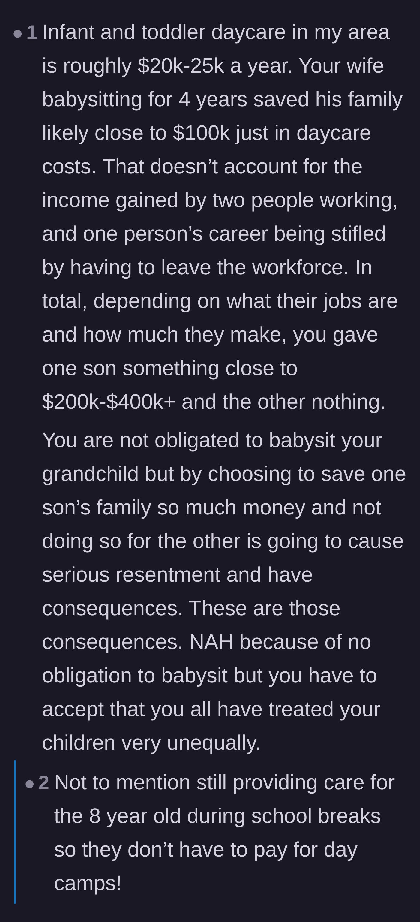 Comment thread 2 - A discussion breaking down the hundreds of thousands of dollars in free childcare the older brother received.