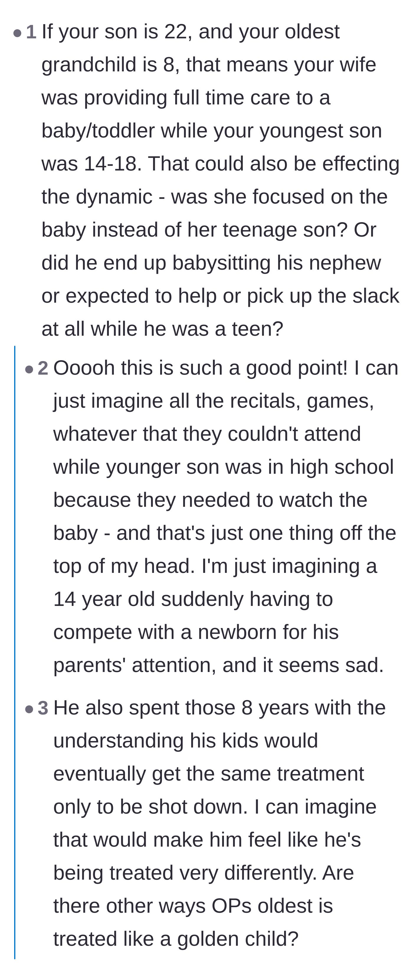 Comment thread 3 - Realizing the grandparents were raising the first baby right when the youngest son was navigating his crucial teenage years.