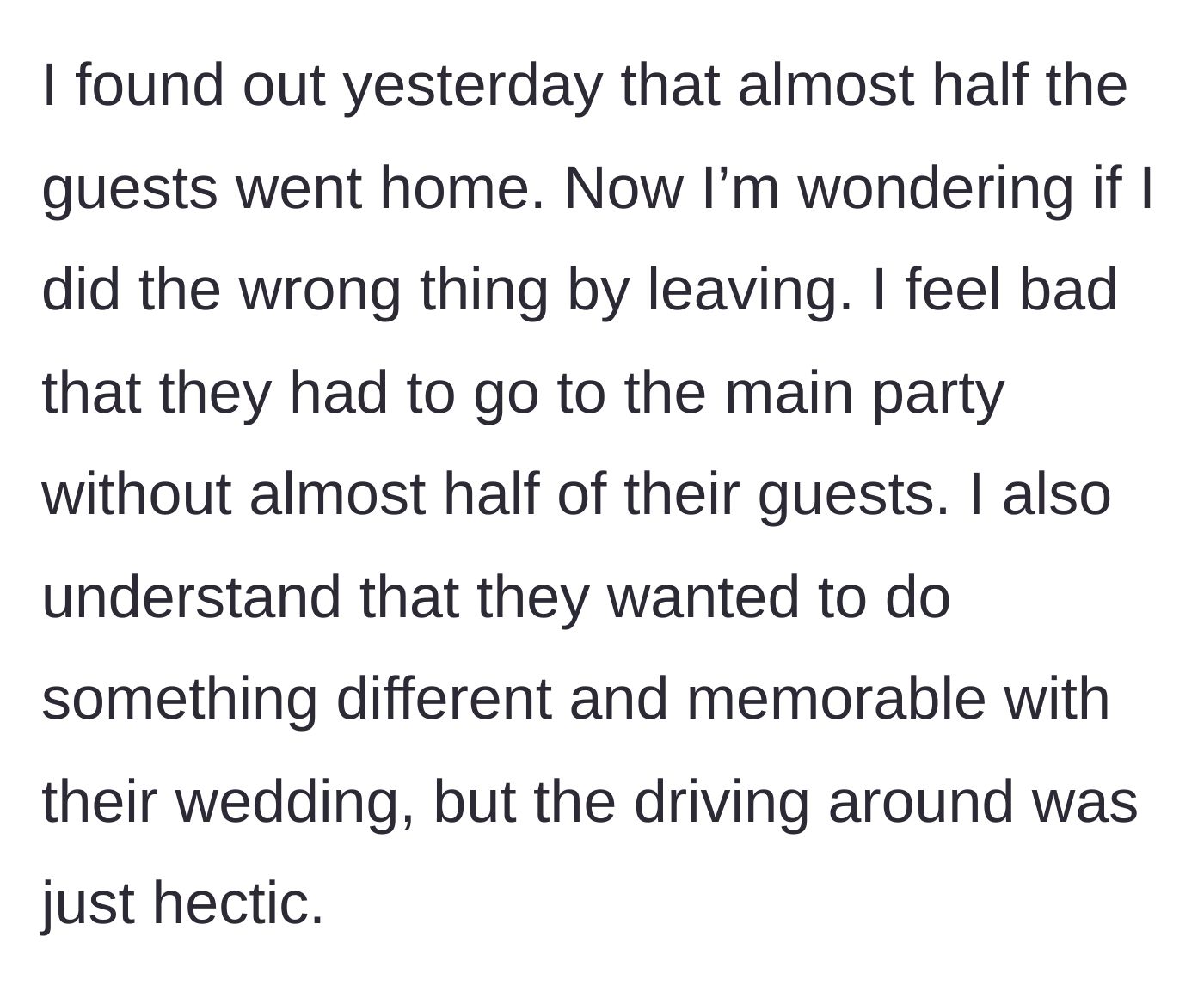 Story part 5 - The main character learns half the guest list also abandoned the wedding and questions if they were wrong to leave.