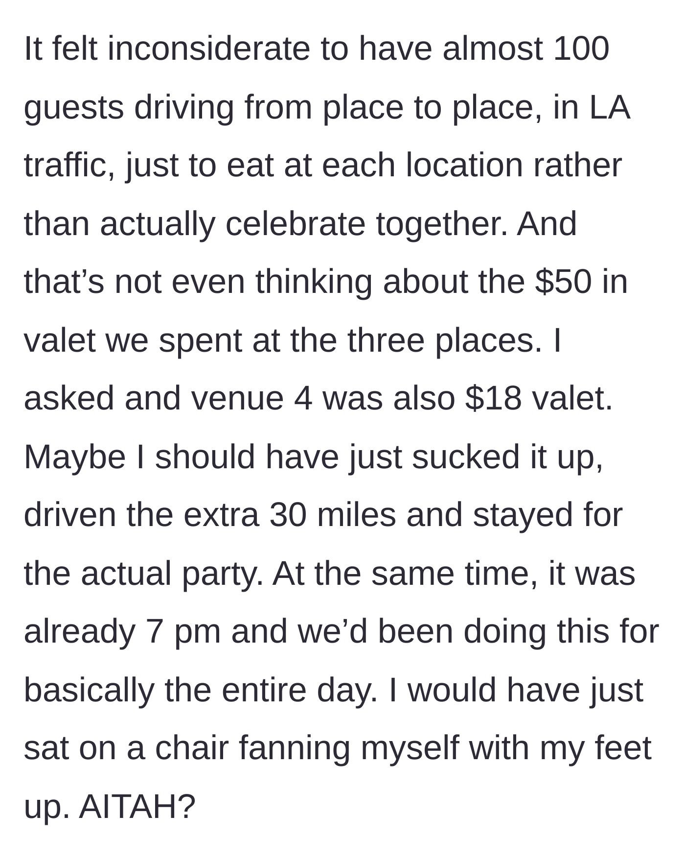 Story part 6 - The main character reflects on the outrageous parking costs and inconsiderate logistics, wondering if they should have stayed.