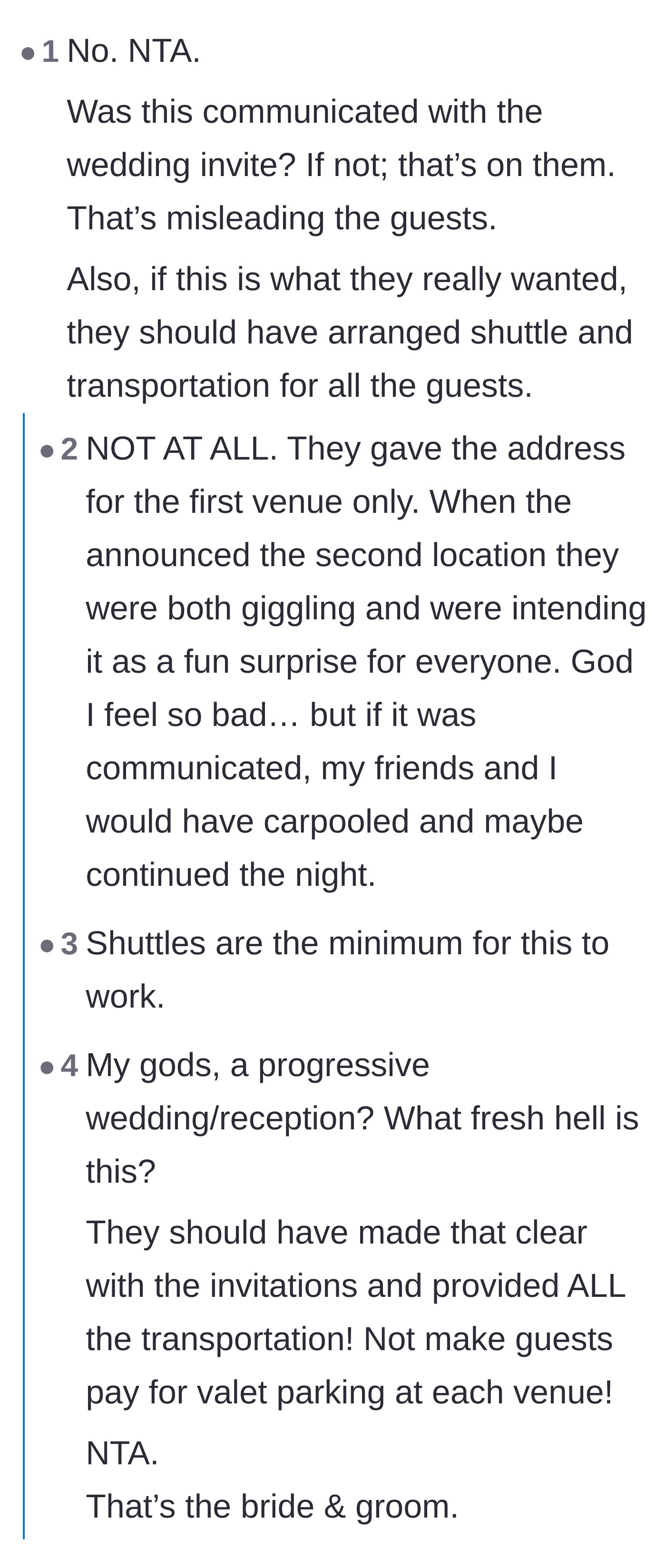 Comment thread 1 - A discussion about how the couple failed to communicate the plans on the invite and should have rented a party bus.