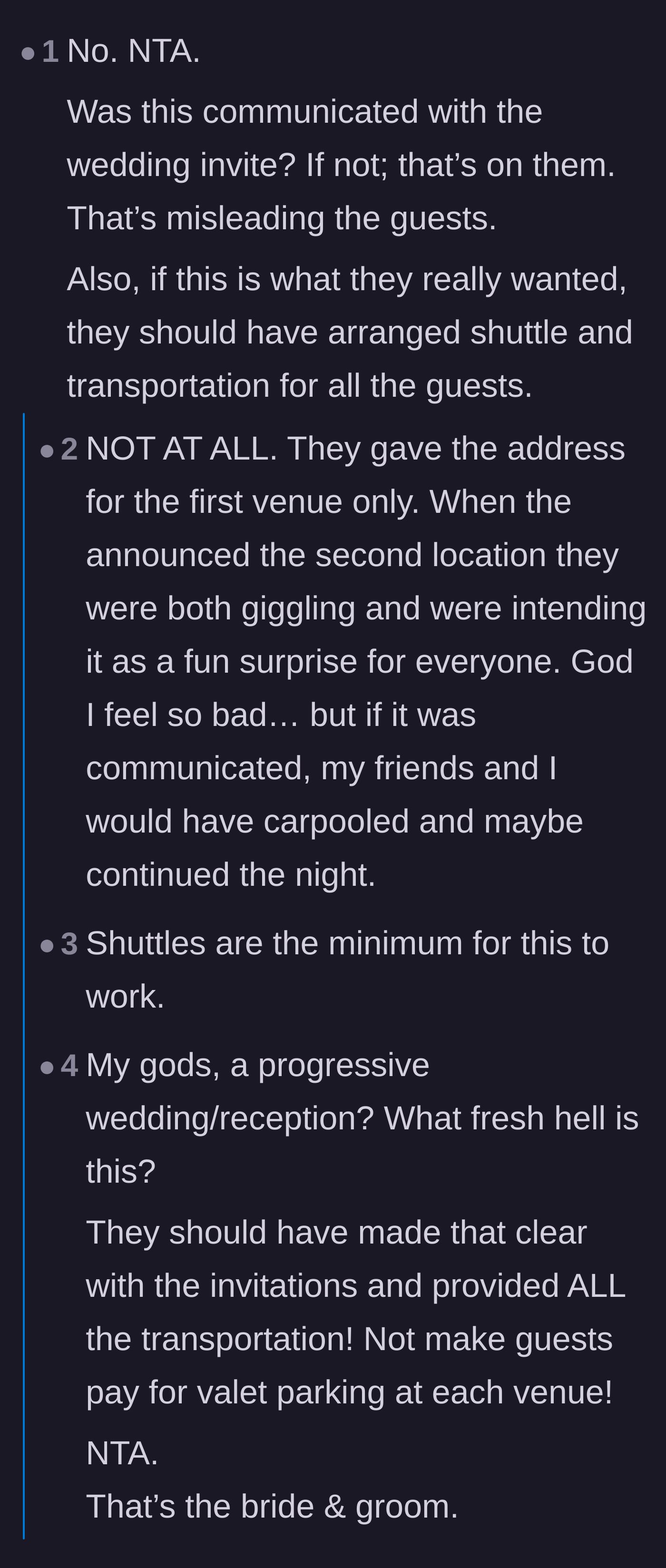 Comment thread 1 - A discussion about how the couple failed to communicate the plans on the invite and should have rented a party bus.