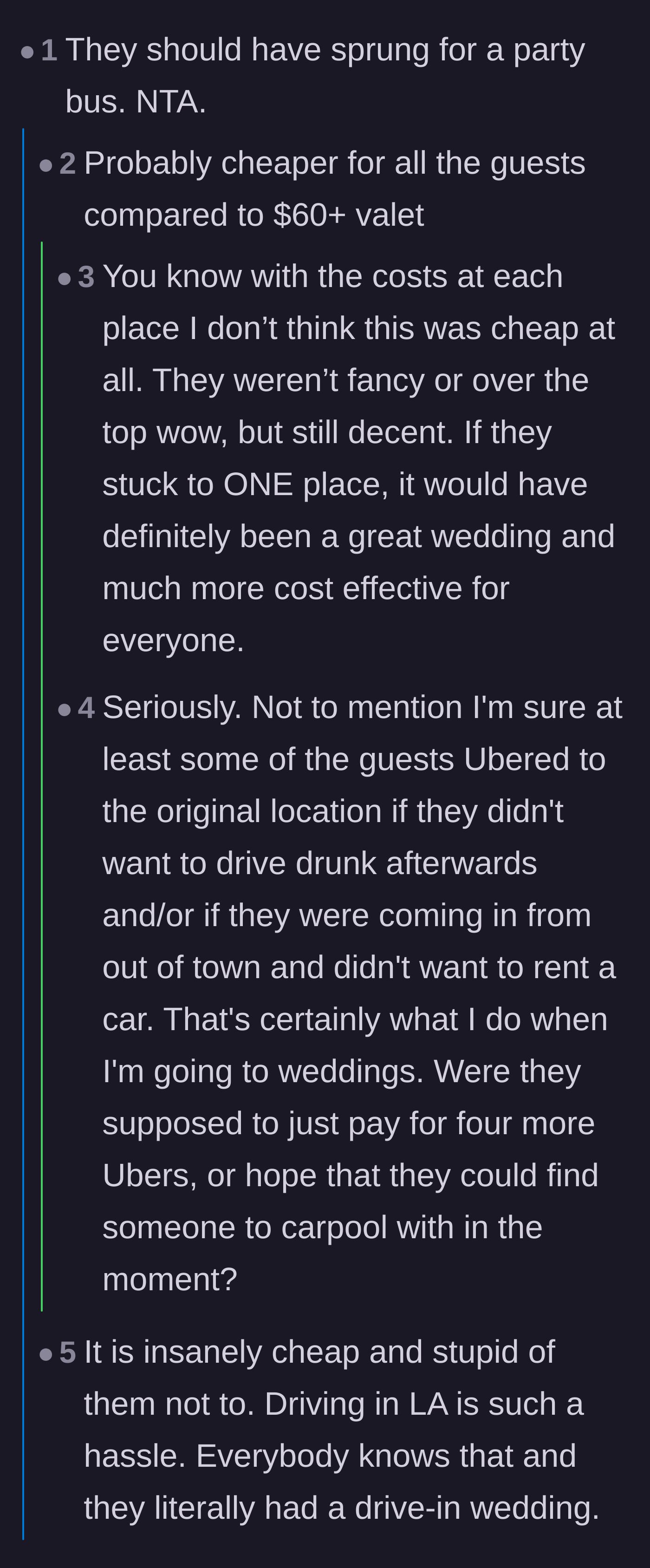 Comment thread 2 - A debate over the massive valet costs and a theory that the couple wanted guests to leave to save on the open bar.