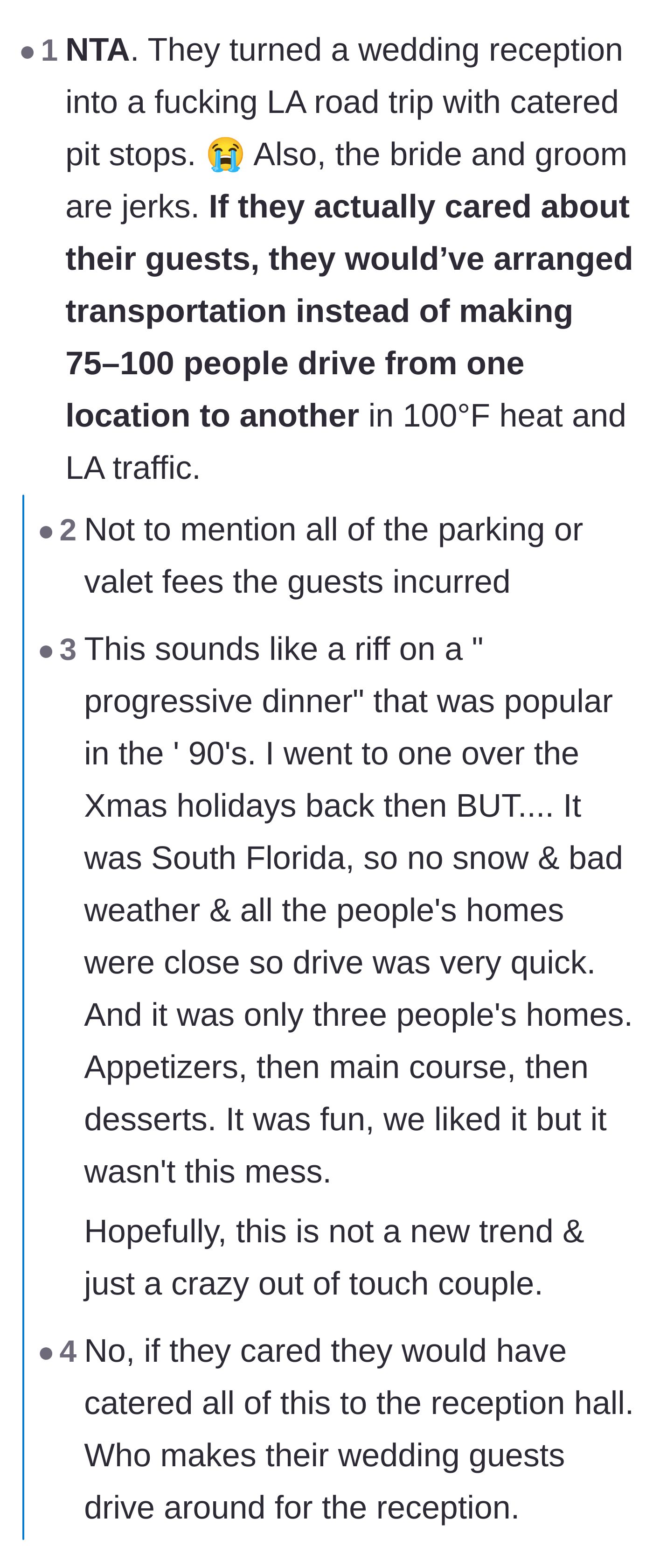 Comment thread 3 - Comments comparing the disaster to 90s walking progressive dinners and calling it an LA road trip.