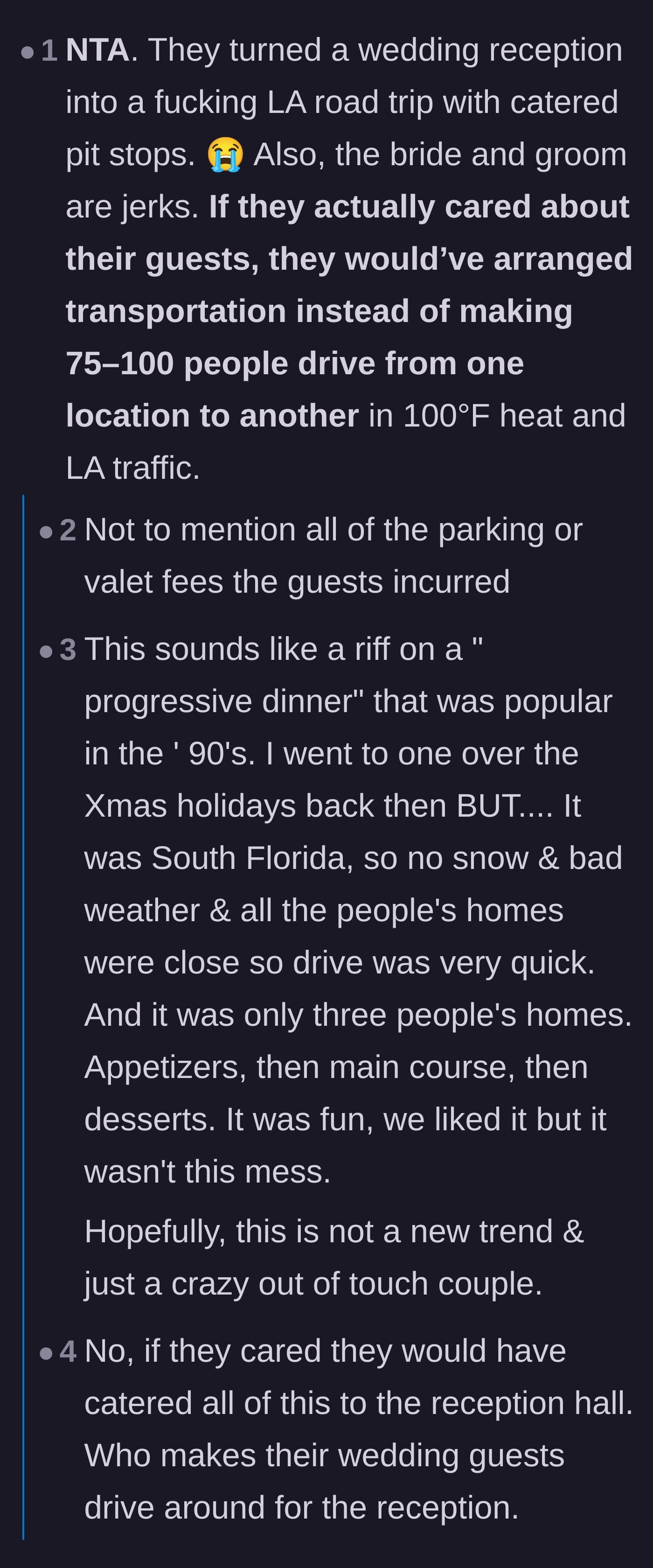 Comment thread 3 - Comments comparing the disaster to 90s walking progressive dinners and calling it an LA road trip.
