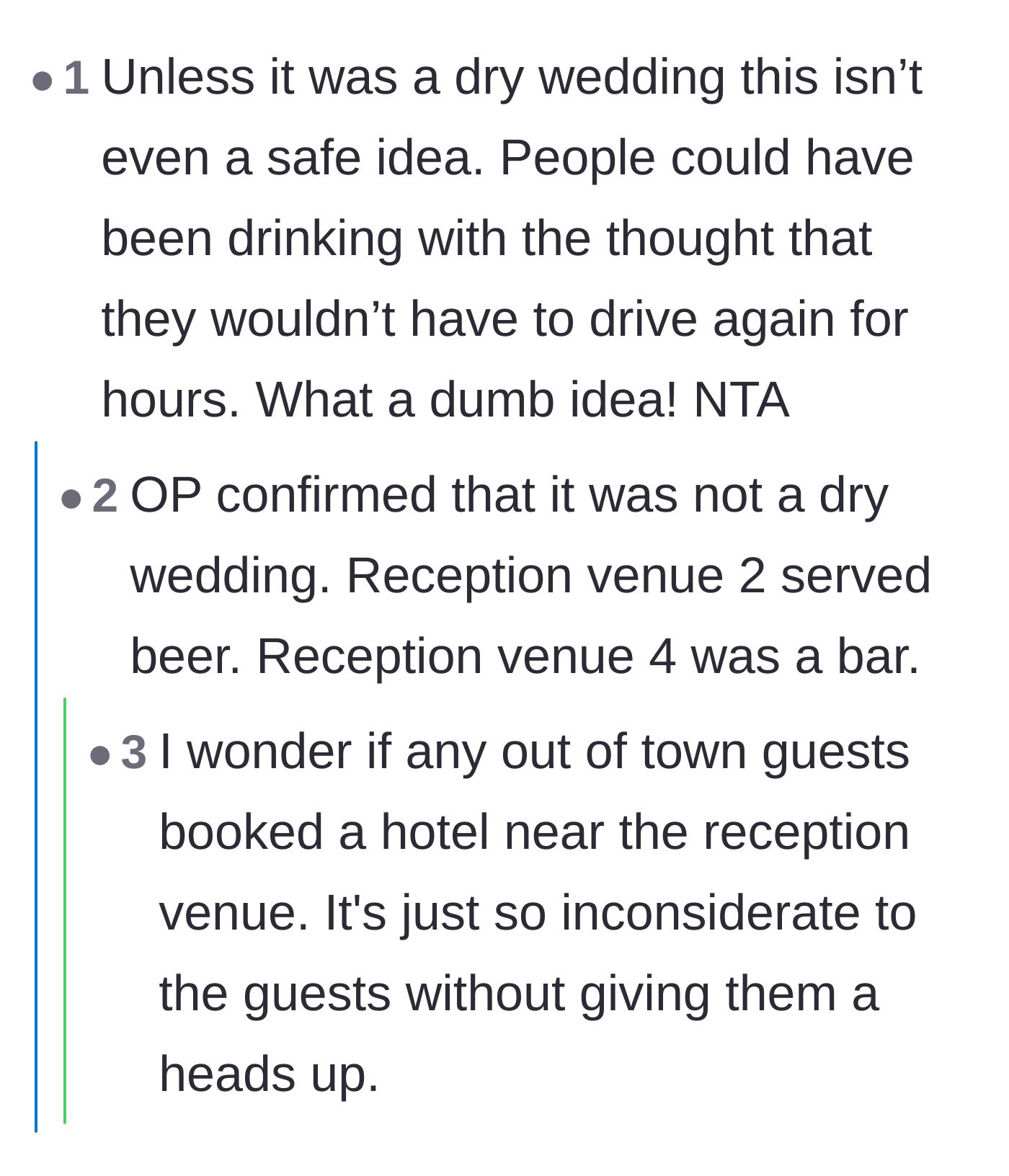 Comment thread 4 - A thread expressing horror over the safety risks of guests driving between venues after consuming alcohol.