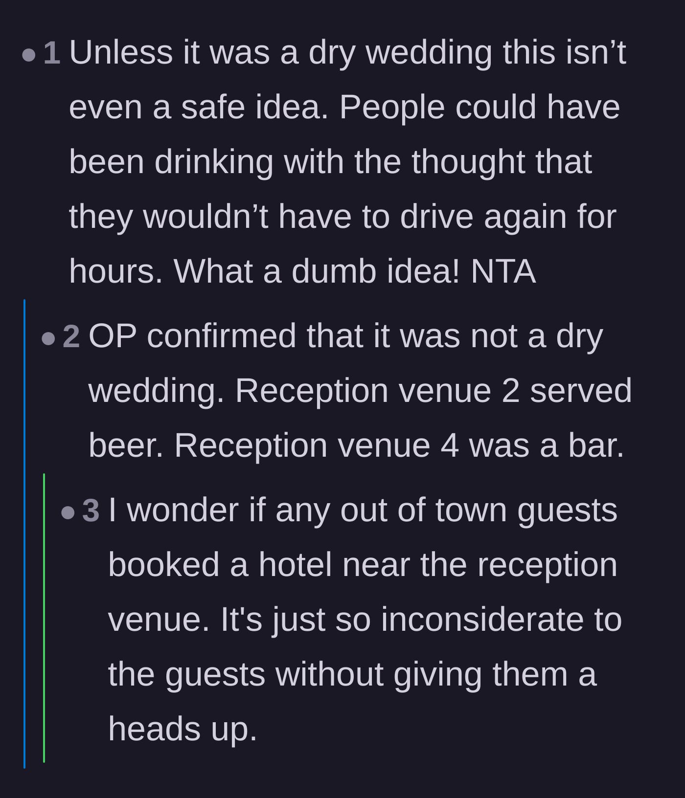 Comment thread 4 - A thread expressing horror over the safety risks of guests driving between venues after consuming alcohol.