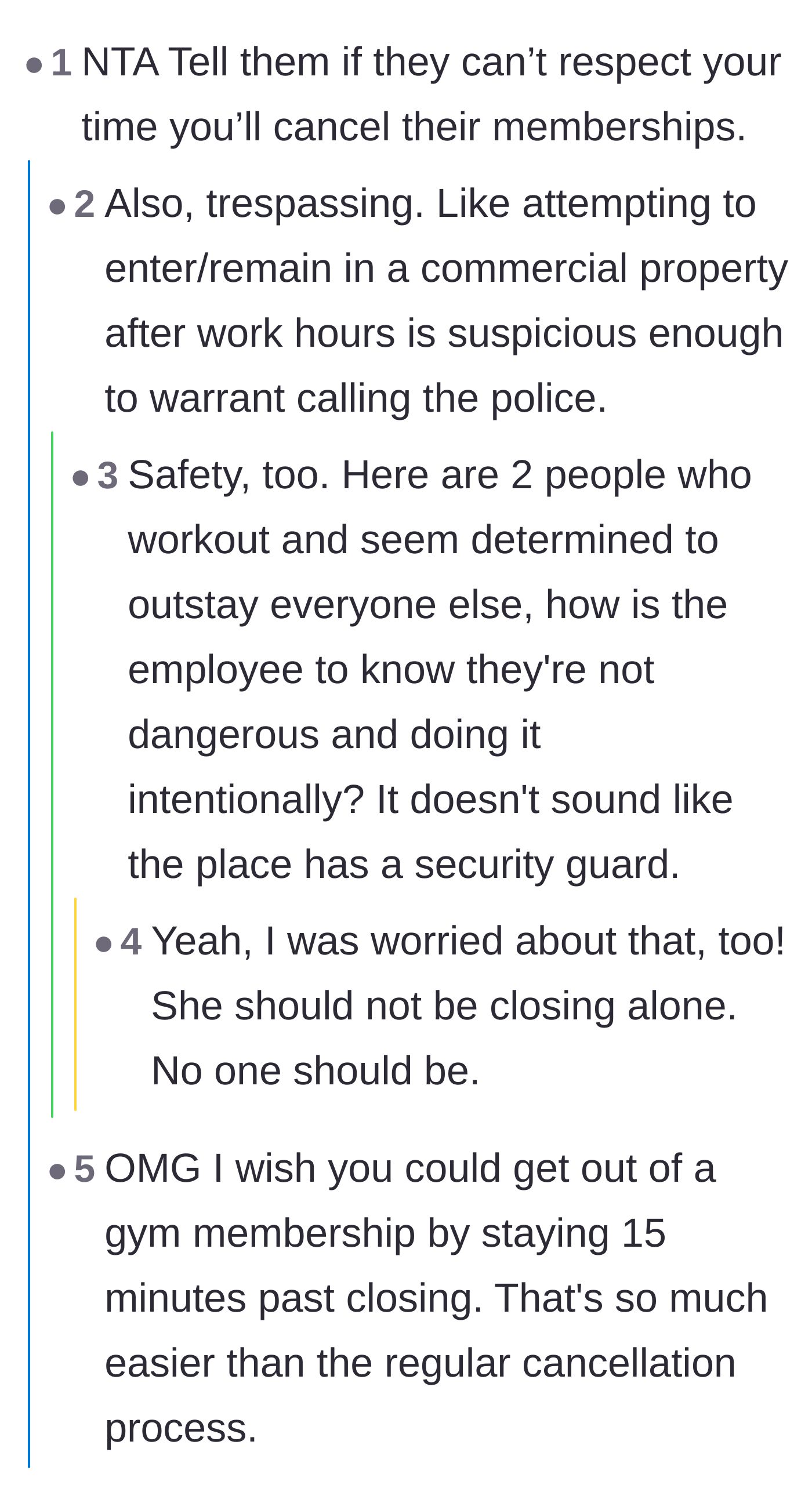 Thread discussing the safety risks of closing alone and a dark joke about the difficulty of canceling gym memberships.