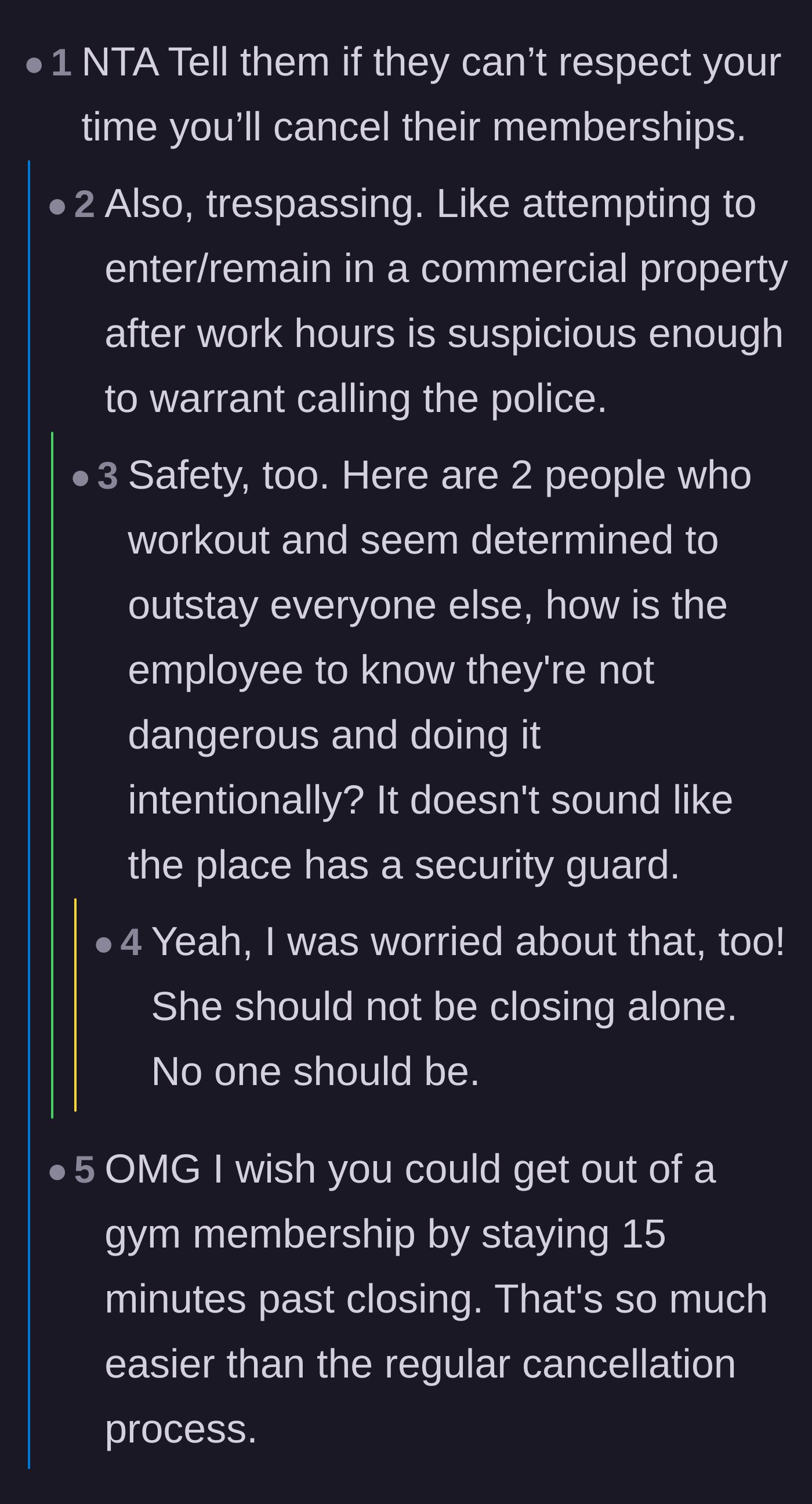 Thread discussing the safety risks of closing alone and a dark joke about the difficulty of canceling gym memberships.