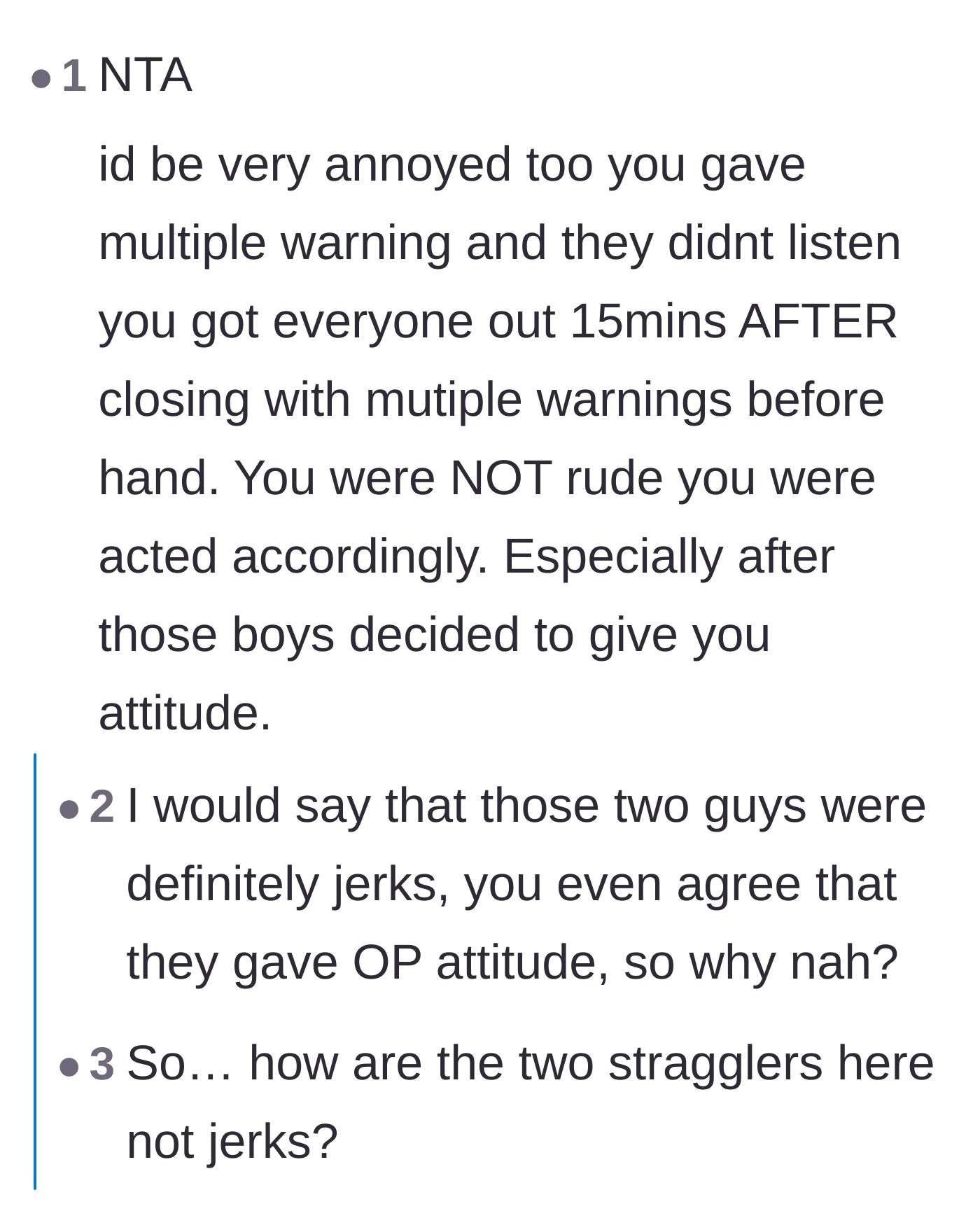 Thread defending the gym worker's annoyed tone and confirming the late customers were entirely at fault.