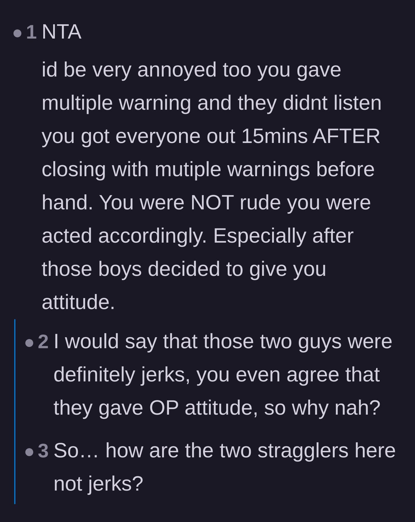 Thread defending the gym worker's annoyed tone and confirming the late customers were entirely at fault.