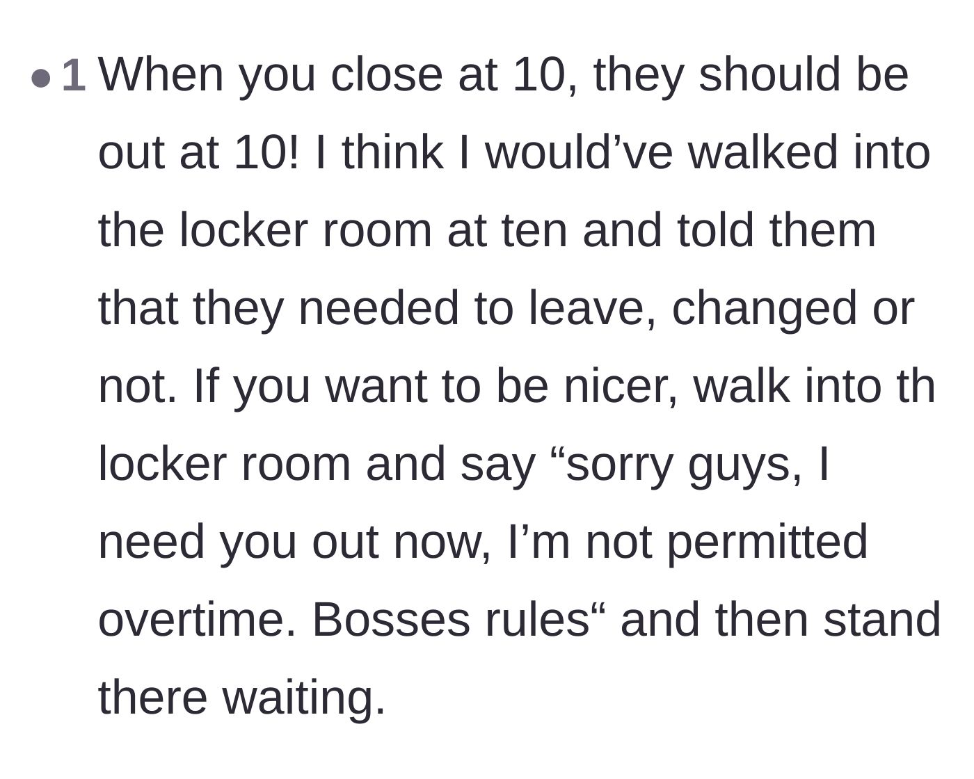 Thread suggesting the worker should have walked into the locker room at exactly 10 PM and blamed corporate overtime rules.