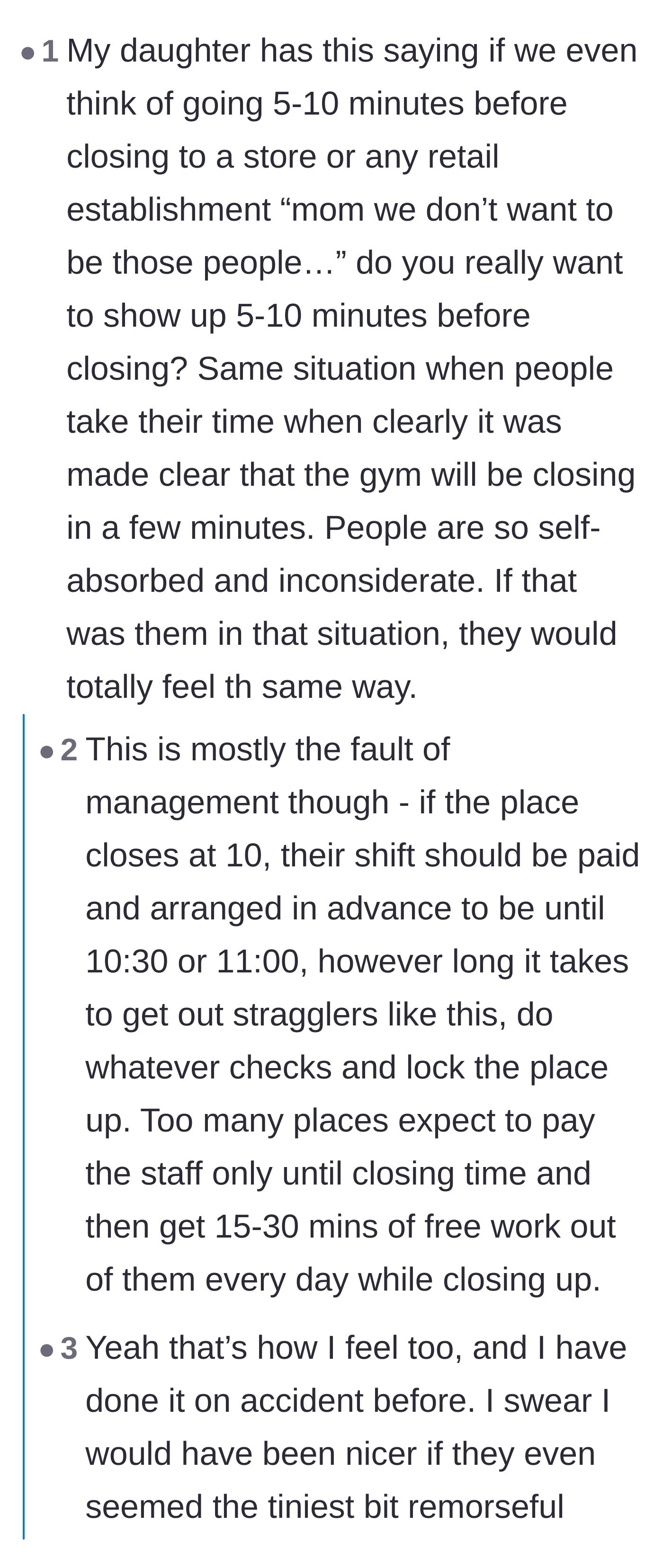 Thread debating whether late customers or poor corporate scheduling practices are to blame for after-hours retail stress.
