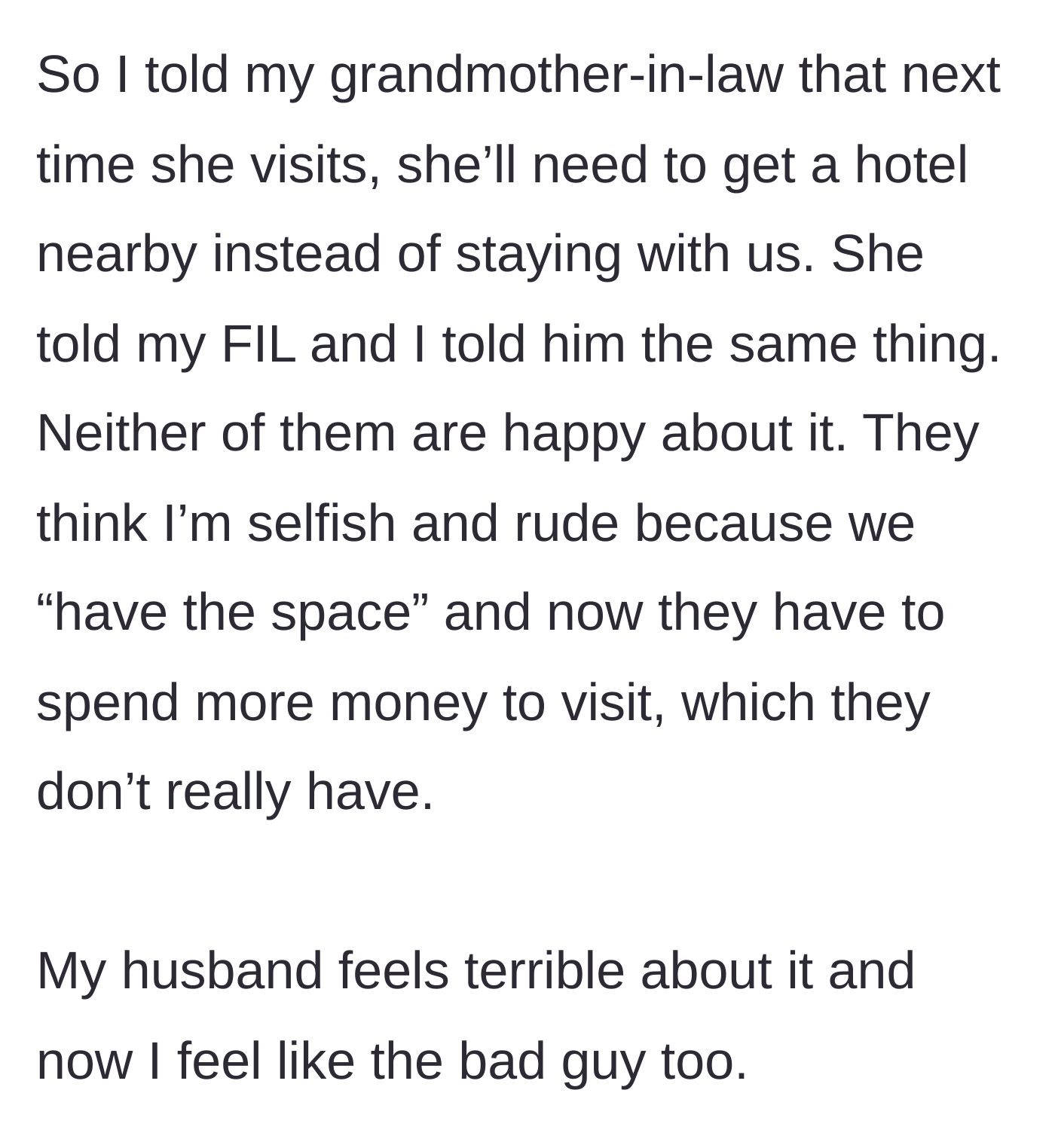 Story part 3 - The main character officially tells the in-laws to book a hotel for future visits, causing outrage over the extra cost and space.