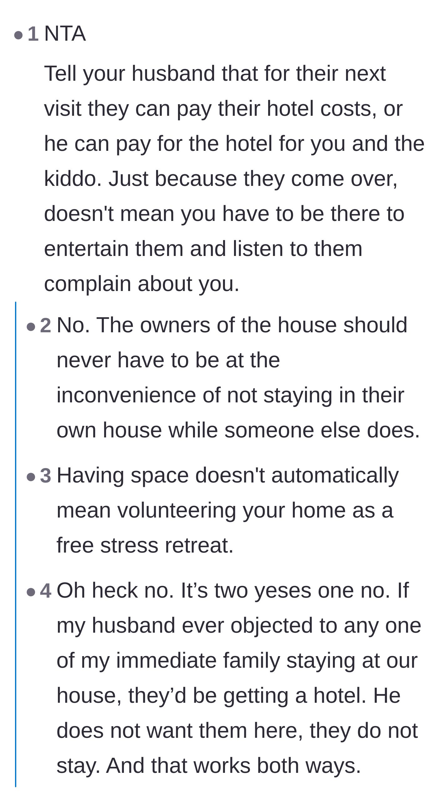 Comment thread 1 - Debate on whether the wife should book her own luxury hotel stay on the household dime if the in-laws visit.