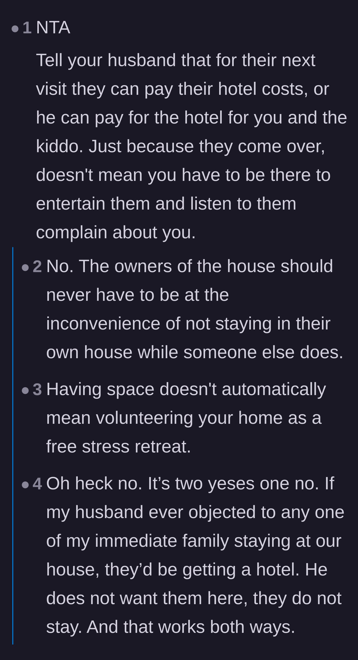Comment thread 1 - Debate on whether the wife should book her own luxury hotel stay on the household dime if the in-laws visit.