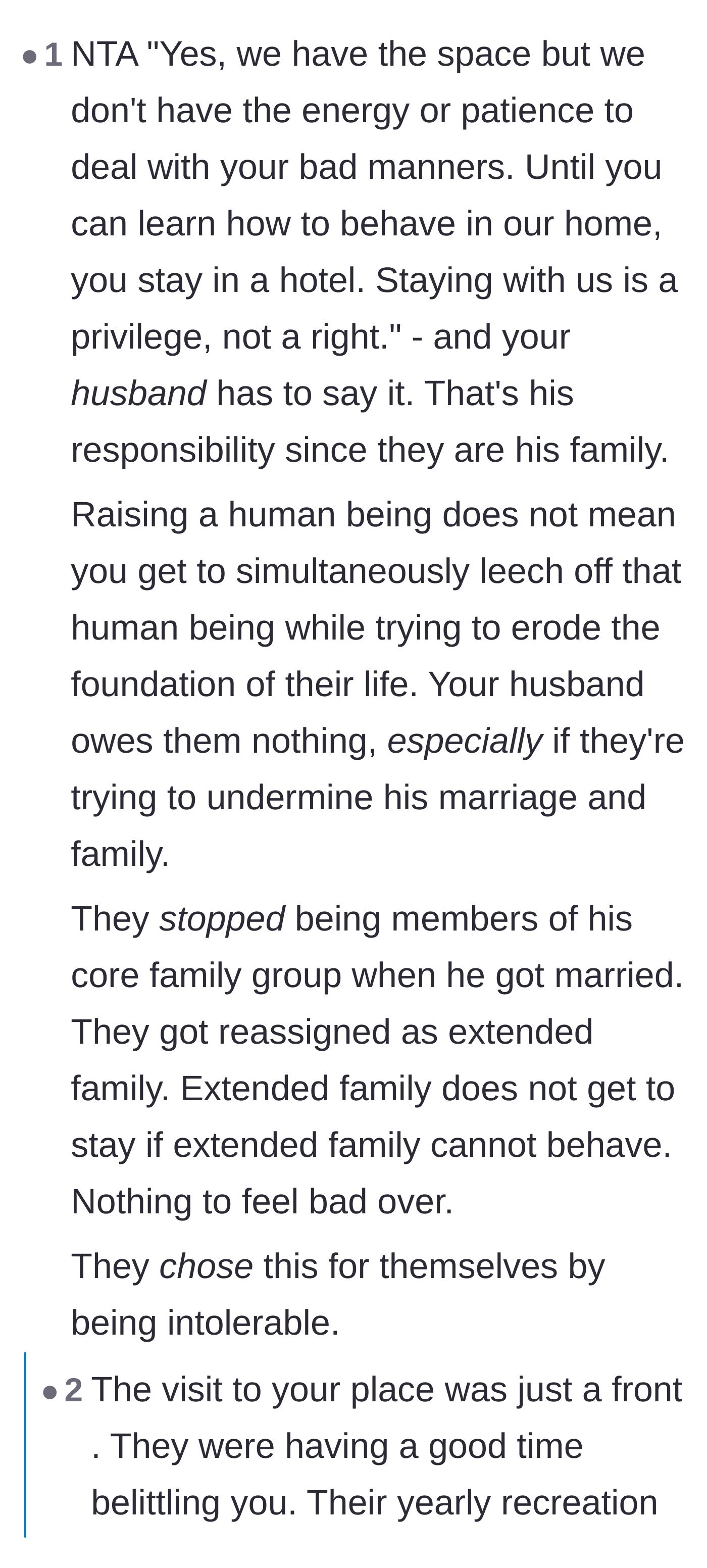 Comment thread 2 - Discussion about how the in-laws treat the visit as a recreational opportunity to belittle the host.