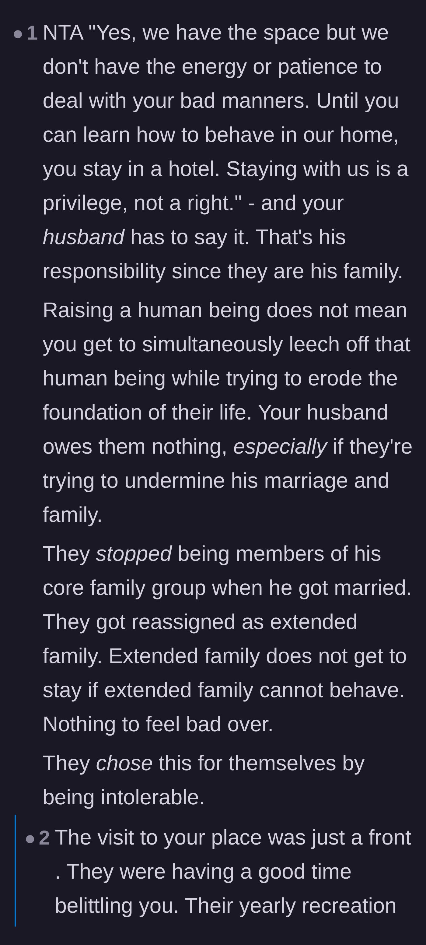 Comment thread 2 - Discussion about how the in-laws treat the visit as a recreational opportunity to belittle the host.