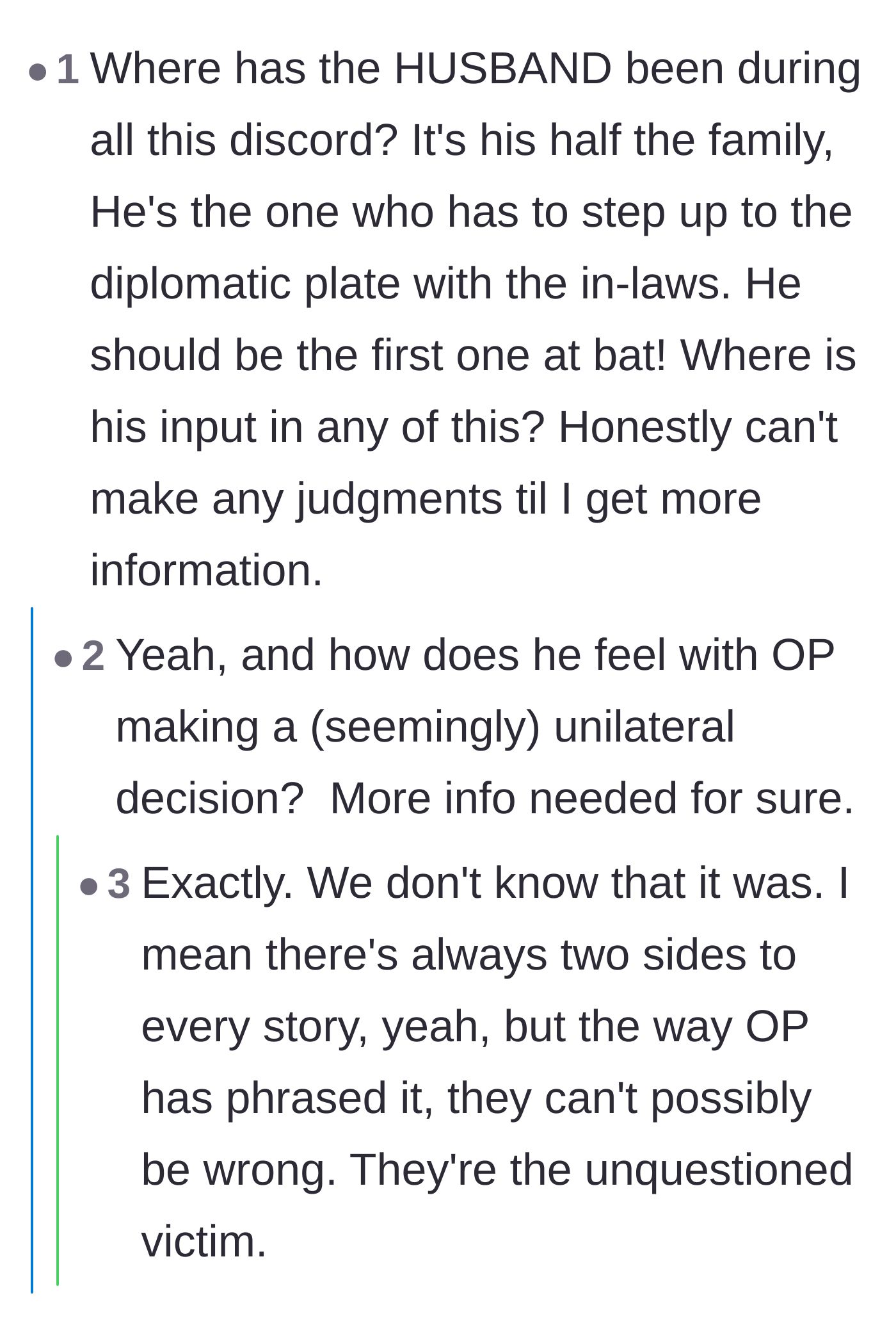 Comment thread 5 - Skepticism about the husband's absence in the conflict and whether the wife acted unilaterally.