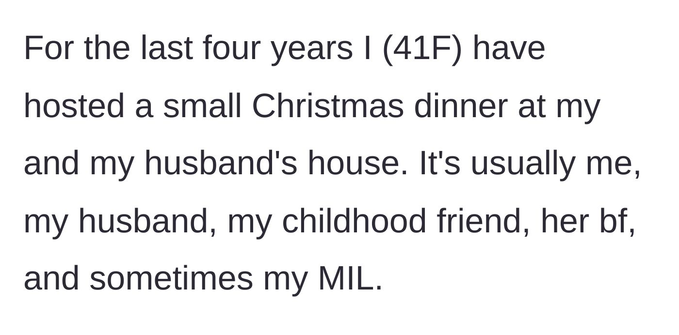 Story part 1 - A 41-year-old woman explains her tradition of hosting a small, peaceful Christmas dinner for her close family and friends.