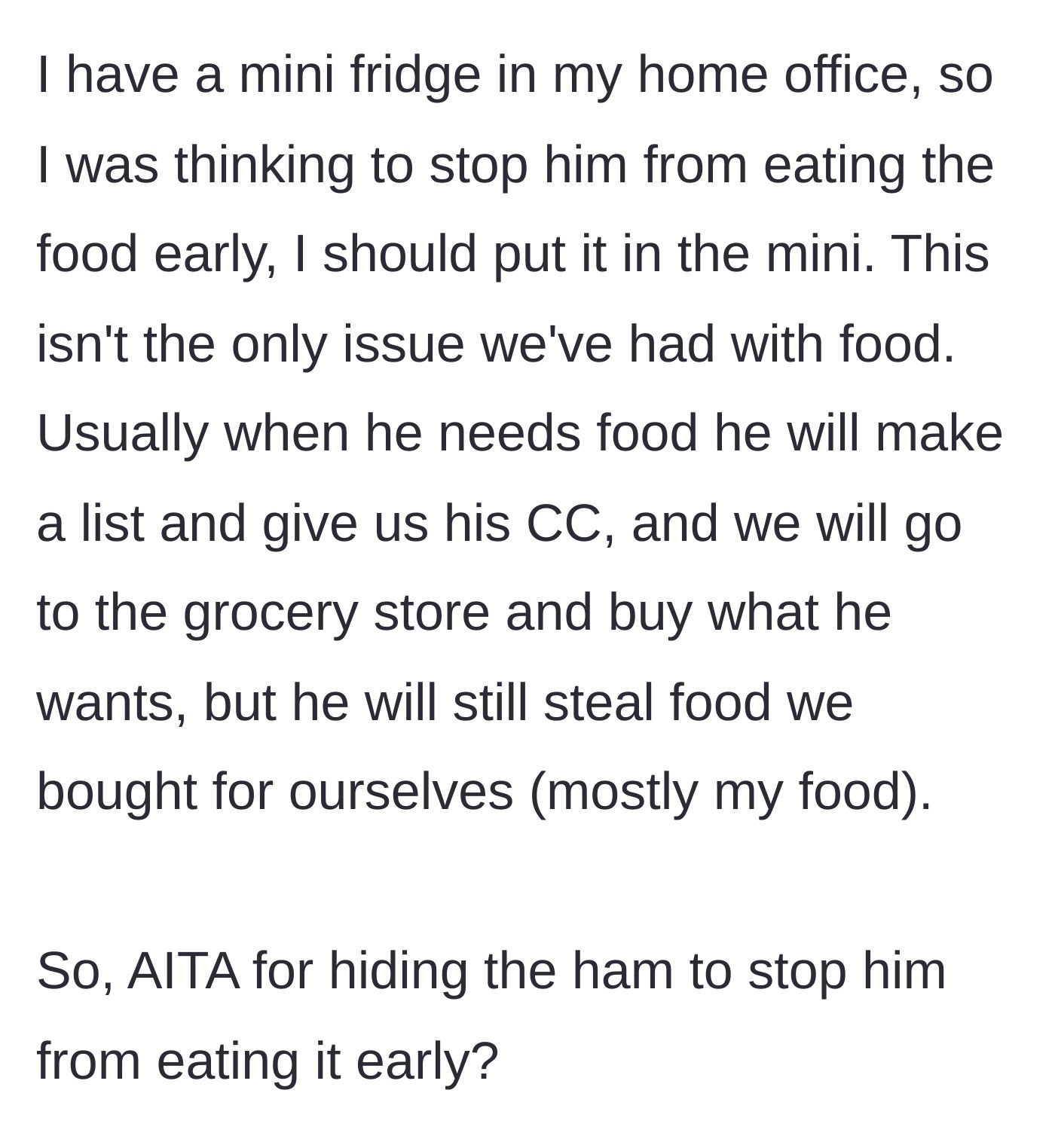 Story part 4 - The host considers hiding the ham in her office mini-fridge because the brother-in-law continues to steal her food despite having his own groceries.