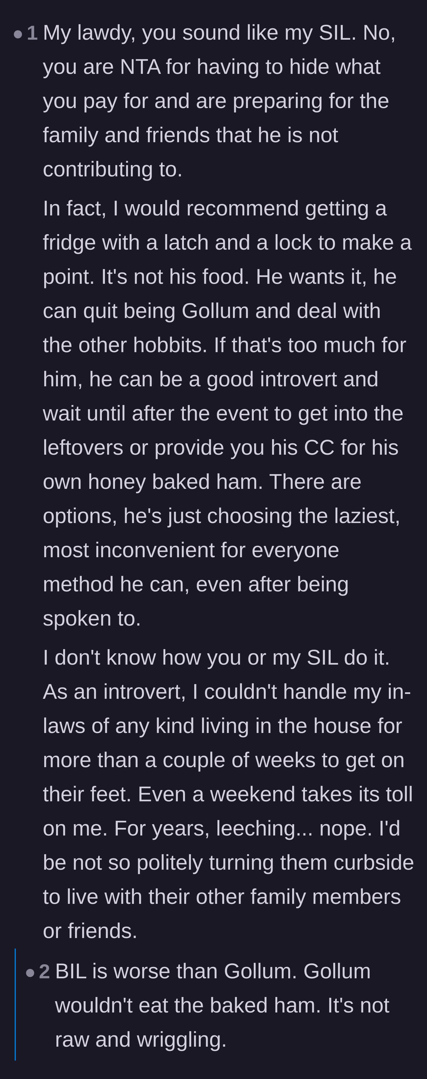 Comment thread 1 - A long discussion comparing the brother-in-law to Gollum and questioning why they tolerate his behavior