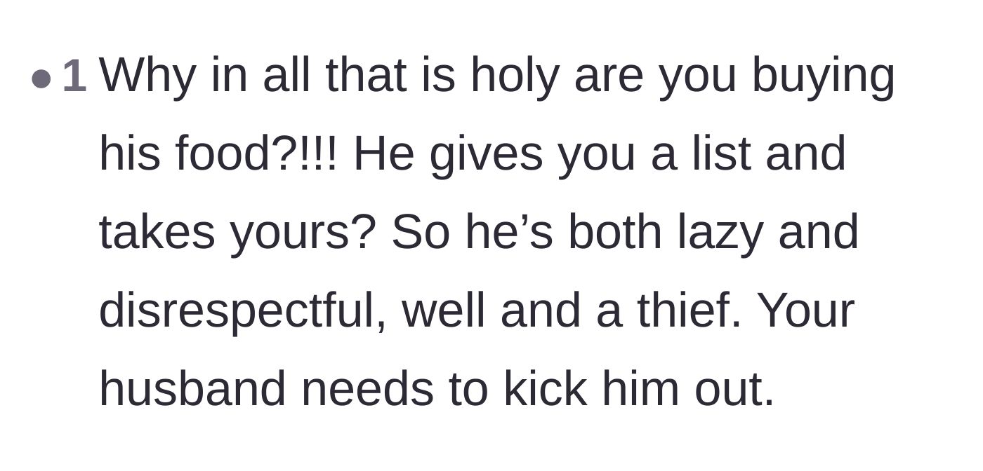 Comment thread 2 - Outrage over the fact that the couple is doing the brother-in-law's grocery shopping while he steals their food