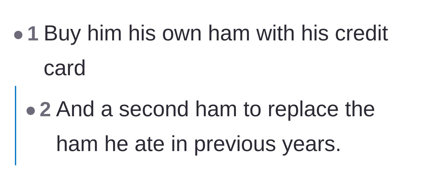 Comment thread 5 - A suggestion to buy a separate ham using the brother-in-law's credit card to replace the stolen food