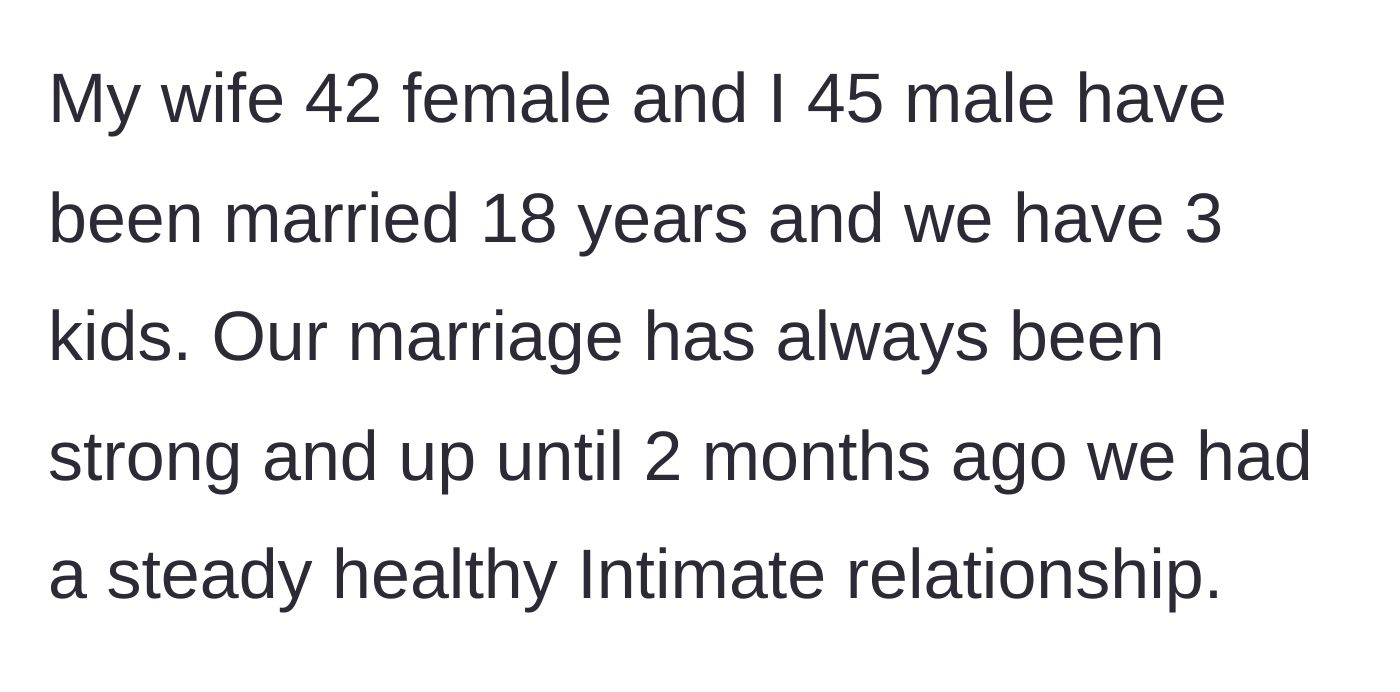 Story part 1 - Introduction to a couple married for 18 years with a historically healthy intimacy level.
