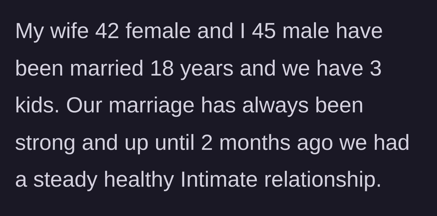 Story part 1 - Introduction to a couple married for 18 years with a historically healthy intimacy level.