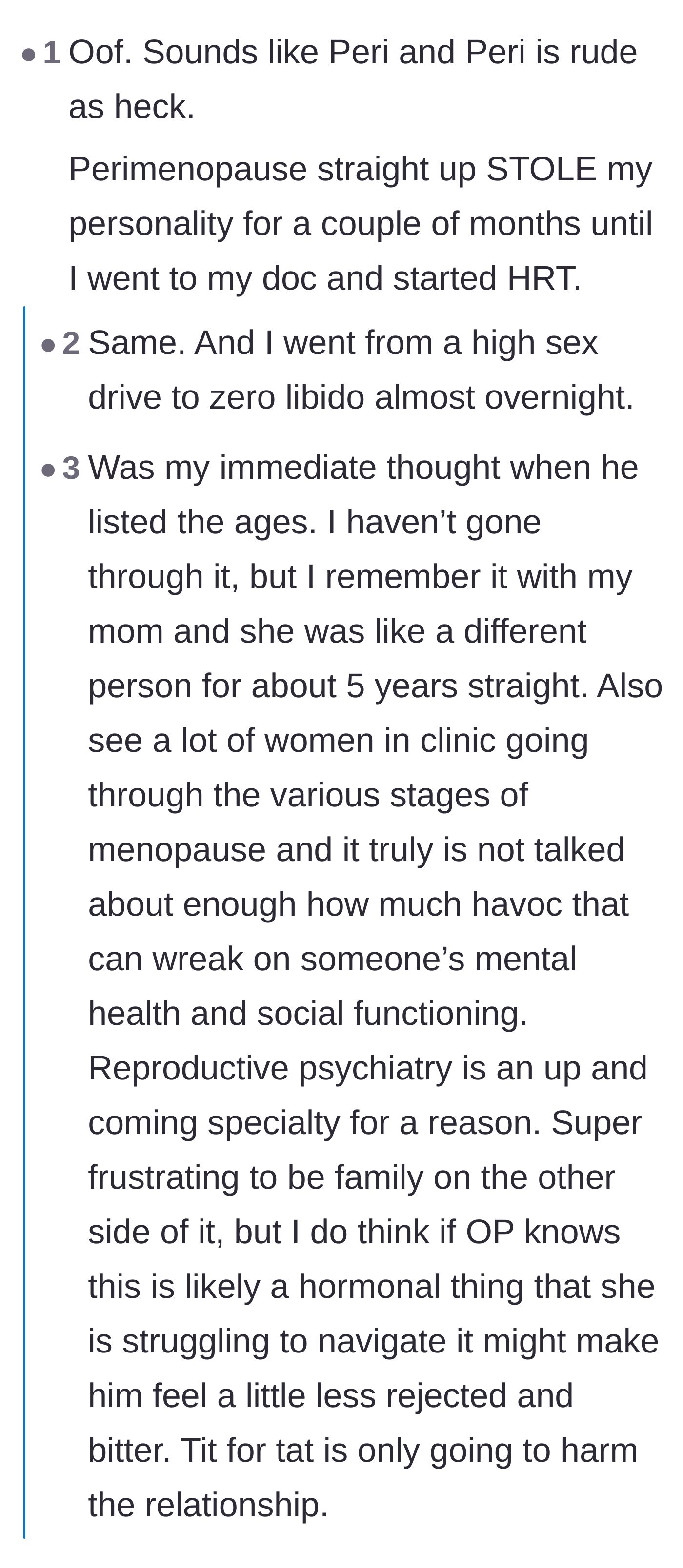 Comment thread 1 - Readers sharing personal experiences with perimenopause and its sudden, drastic effect on personality and libido.