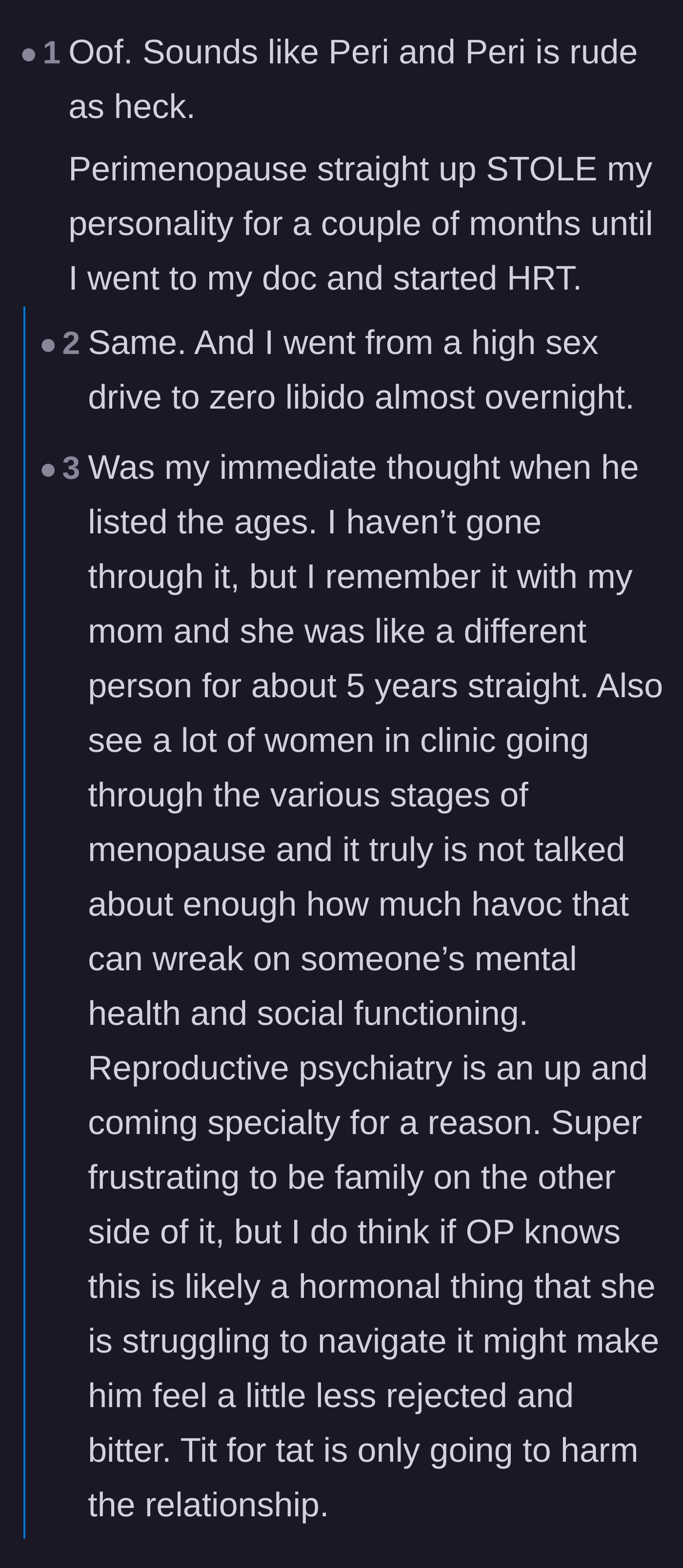 Comment thread 1 - Readers sharing personal experiences with perimenopause and its sudden, drastic effect on personality and libido.