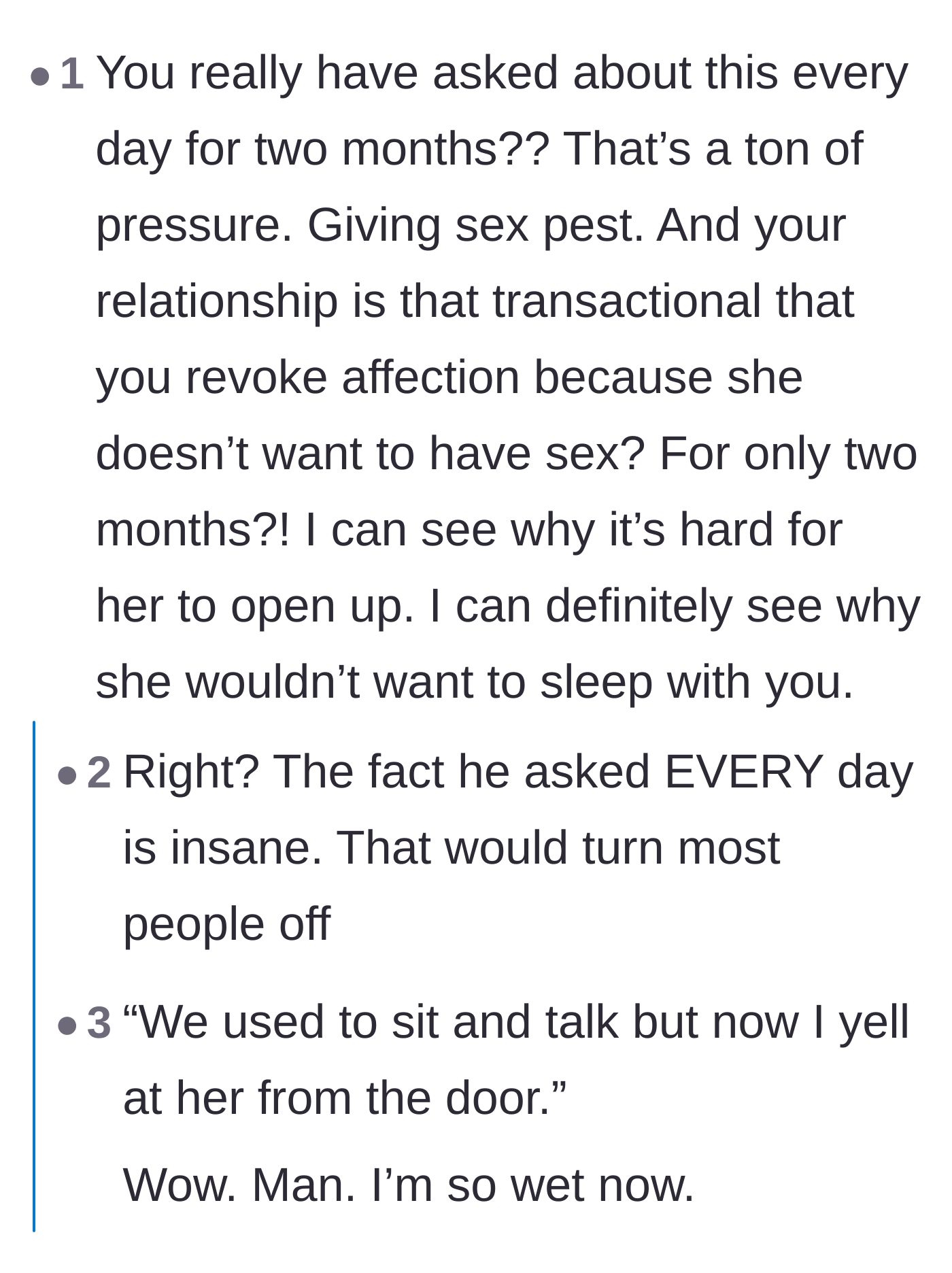 Comment thread 5 - Comments pointing out the suffocating pressure of being asked for sex every single day during a depressive or hormonal slump.