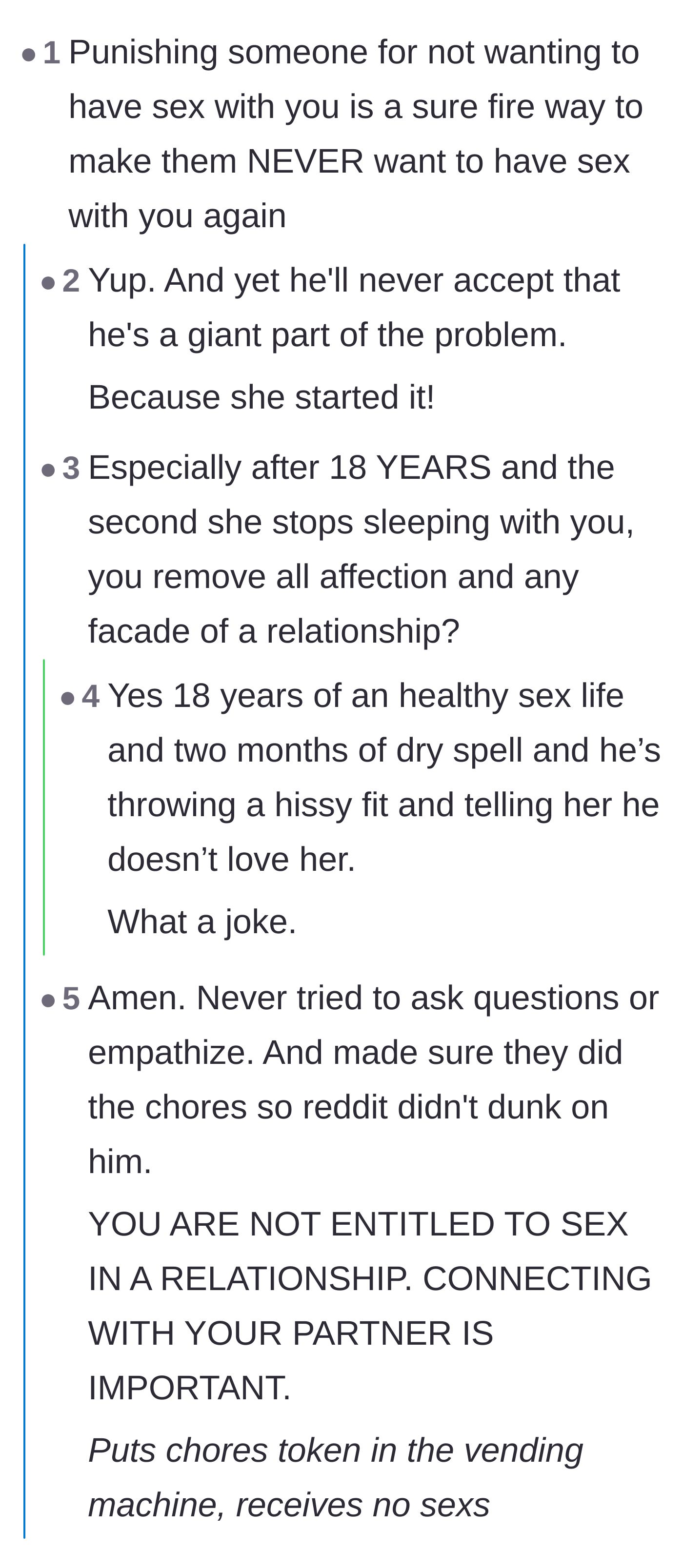Comment thread 6 - Final thoughts on how weaponizing affection ensures the permanent death of physical intimacy.