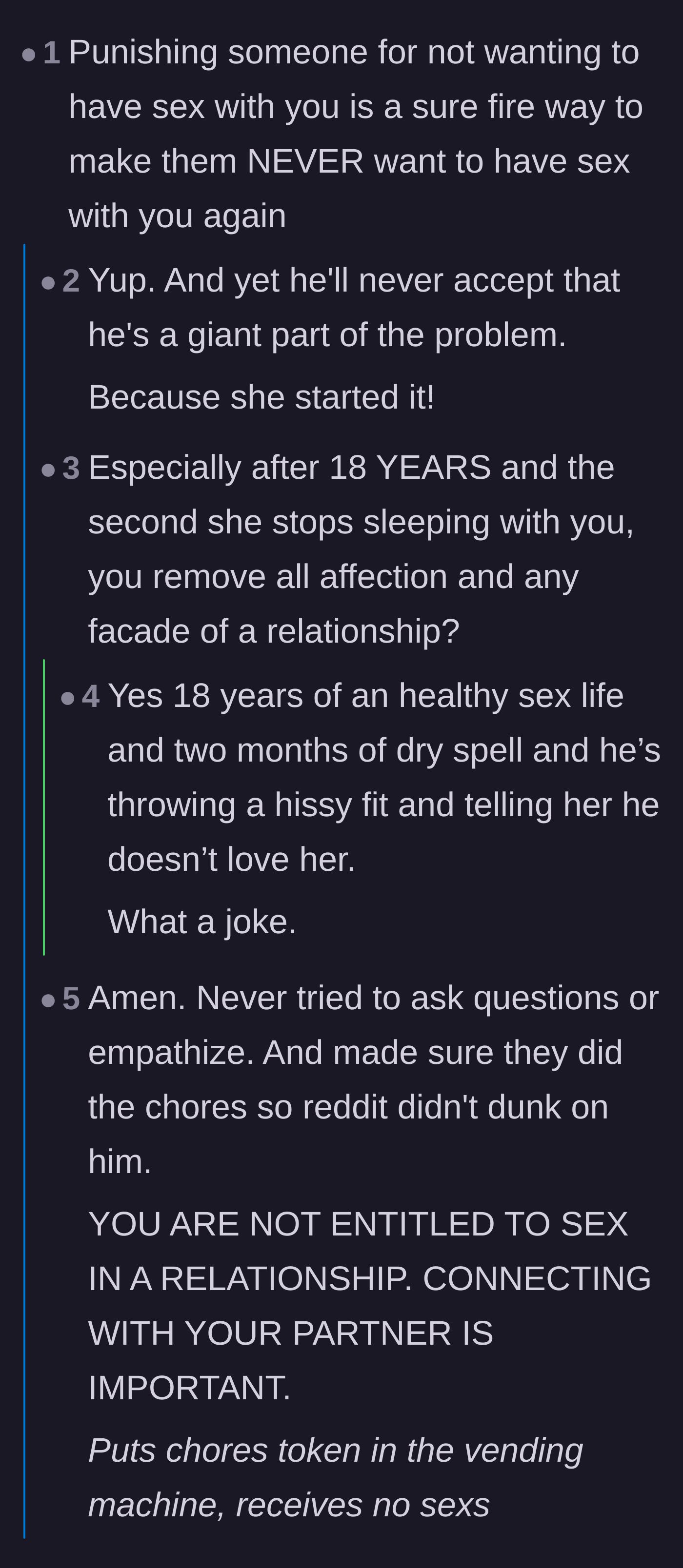 Comment thread 6 - Final thoughts on how weaponizing affection ensures the permanent death of physical intimacy.